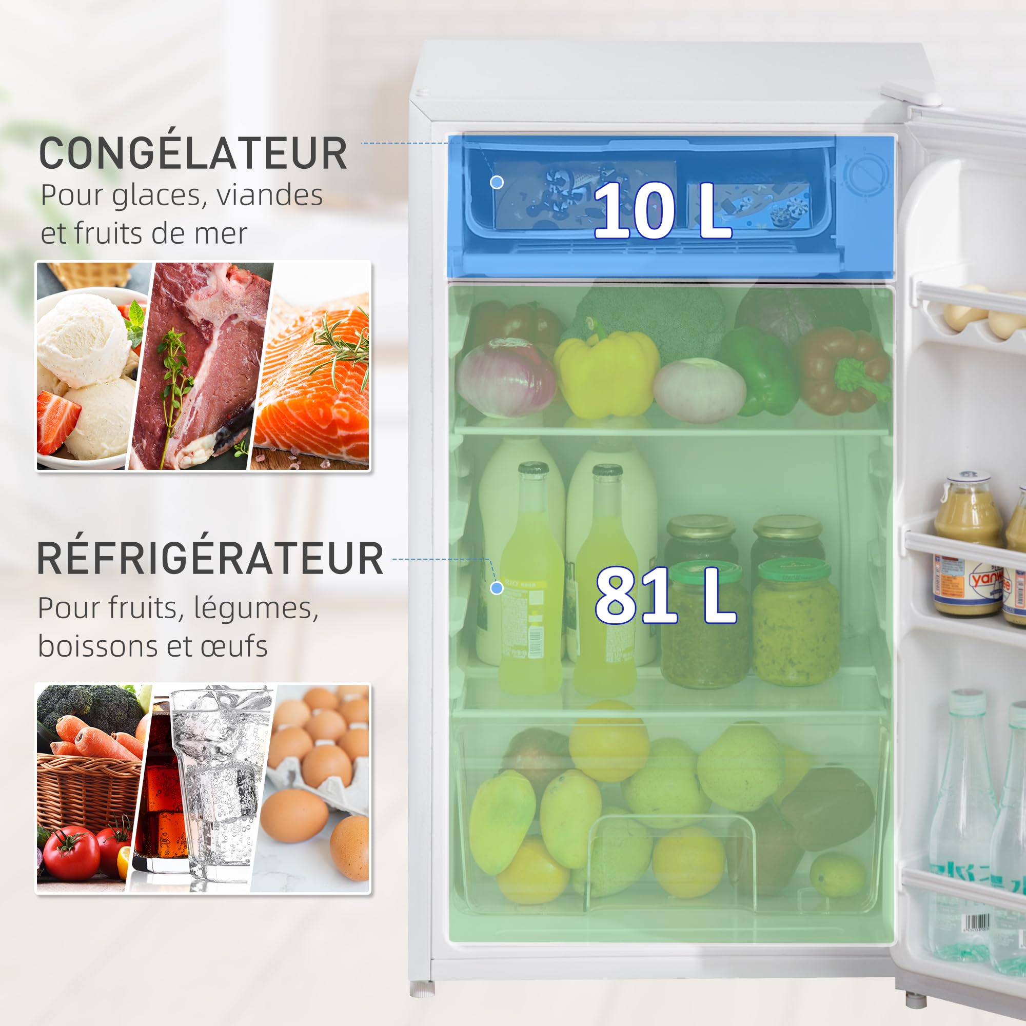 HOMCOM Réfrigérateur Congélateur Petit Réfrigérateur à Une Porte 91L Blanc | Étagères Modulables, Compartiment Congélateur, Design Sous-Comptoir