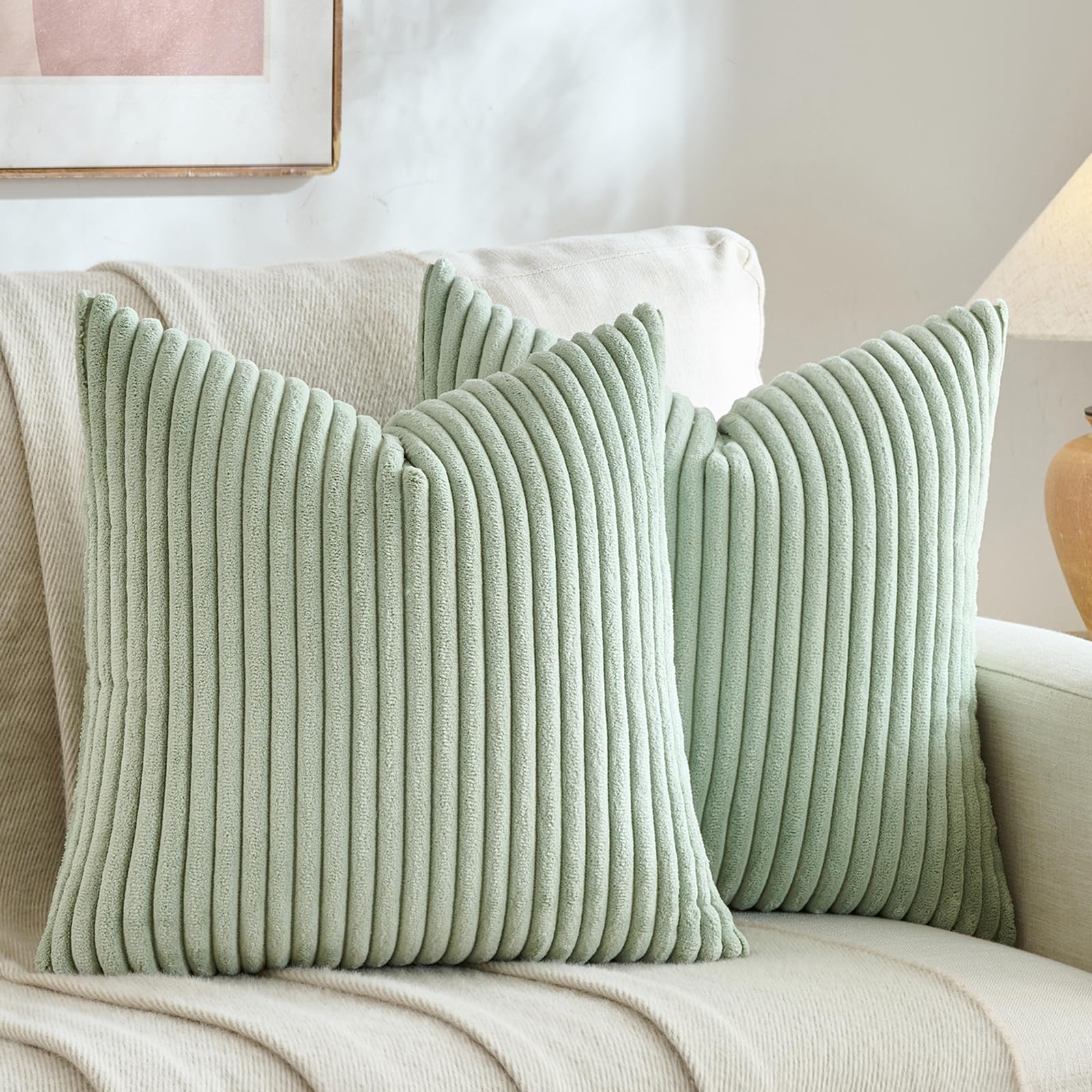Fancy Homi Set of 2 Sage Green Boho Decorative Throw Pillow Covers 20x20 Inch for Bedroom Couch Bed, Soft Fuzzy Cozy Striped Corduroy Cushion Case,