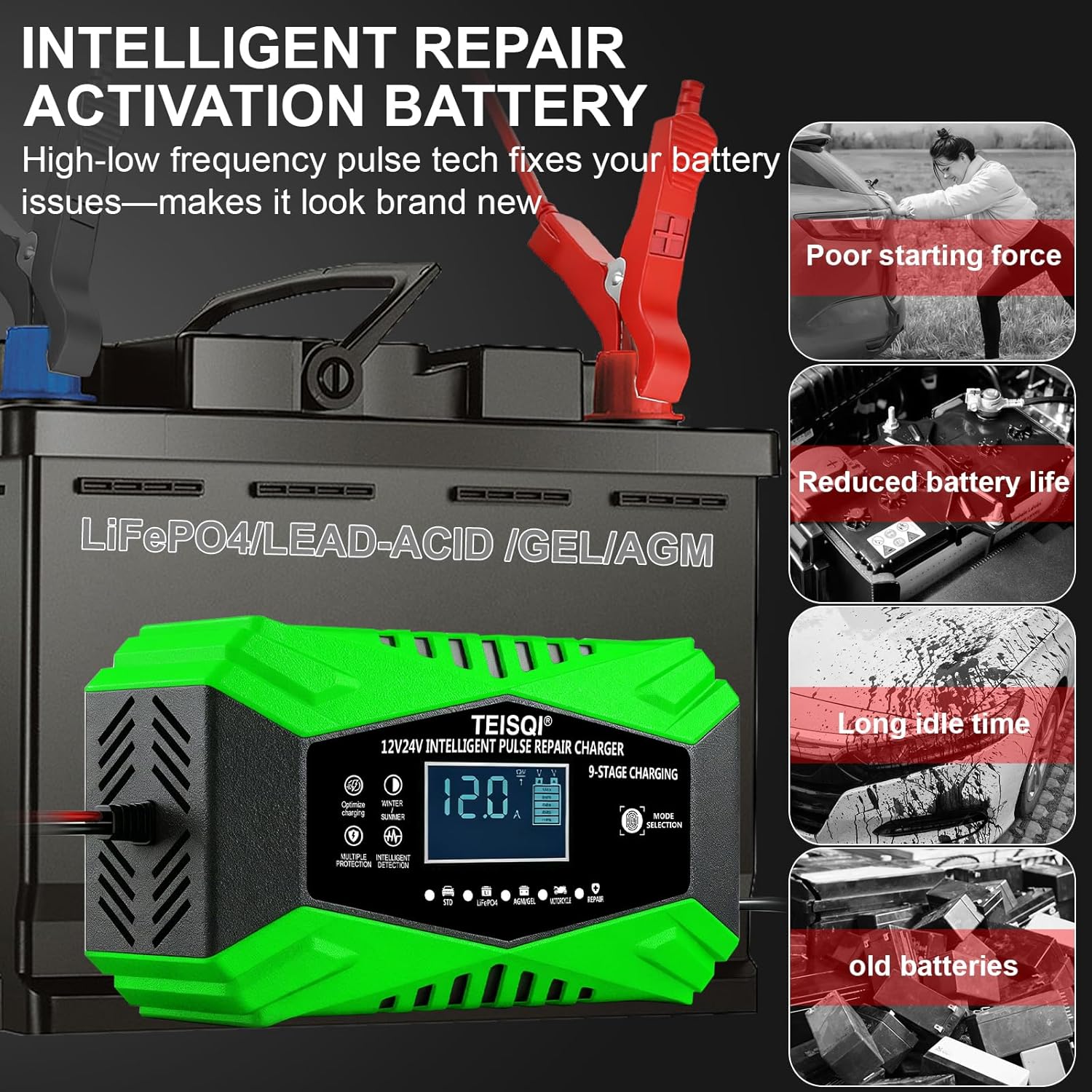 Battery Charger,12-Amp 12V/24V Smart Battery Trickle Charger - Automotive Battery Maintainer Desulfator with Temperature Compensation for Car Motorcycle Mower Marine Lead Acid/LiFePO4 (Green)