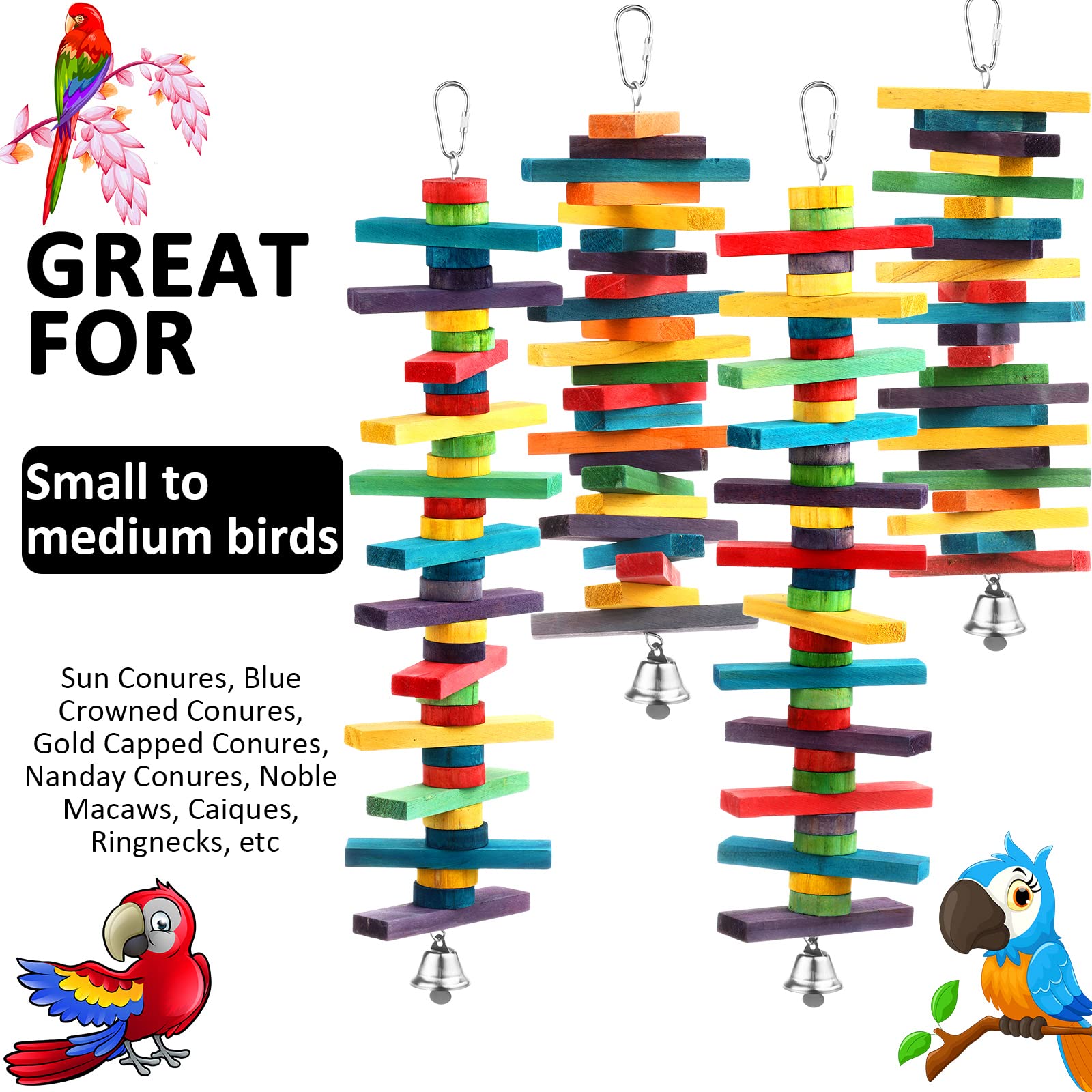4 Pcs Bird Parrot Toys with Multicolored Natural Wood Blocks, Bird Chew Toys for Large Medium Parrots Macaws Lovebirds Doves Cockatiels Conures Parakeets Chewing Biting Foraging, 2 Designs - image 2