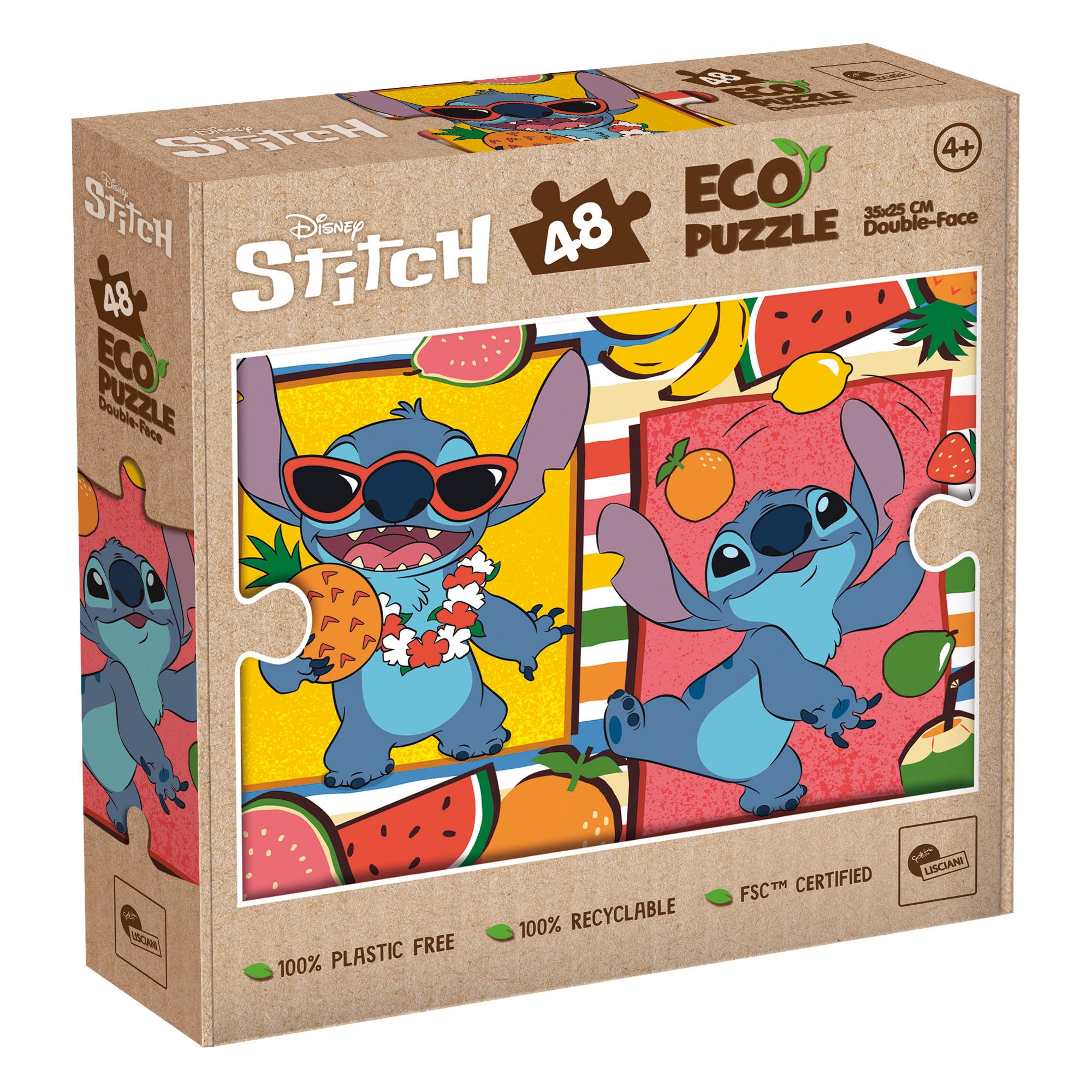 Lisciani - DISNEY STITCH Puzzle - 48 Piece Double Sided Puzzle for Children from 4 years - Coloured Back - Format 25x35 cm - Stitch Creative Activity - 100% Recyclable - Birthday Gift Idea