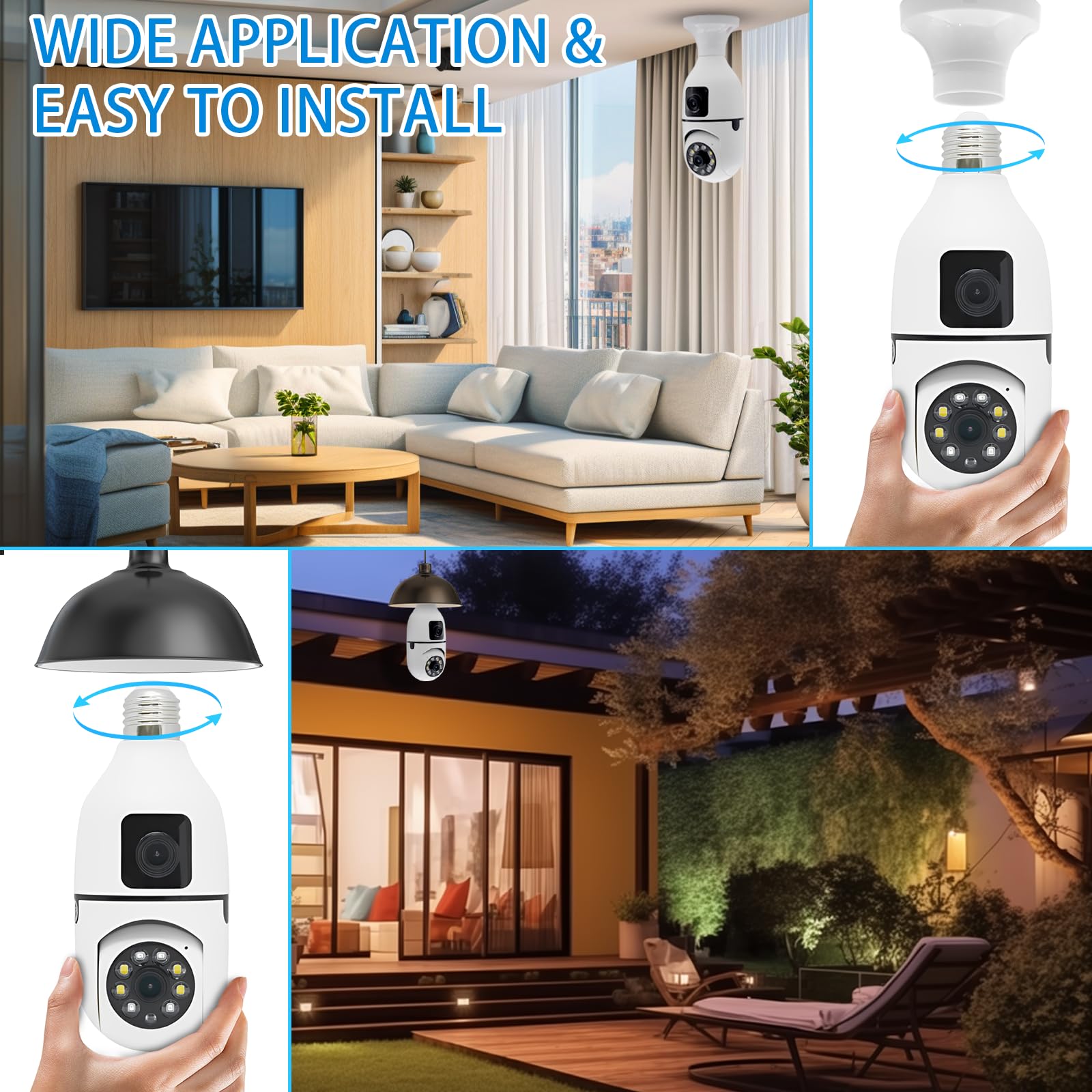 Cámara de Seguridad con Bombilla, cámara WiFi inalámbrica con Bombilla de Doble Lente, Enchufe de luz E27 de 355 Grados con, Seguimiento de Movimiento, visión Nocturna para Seguridad del hogar