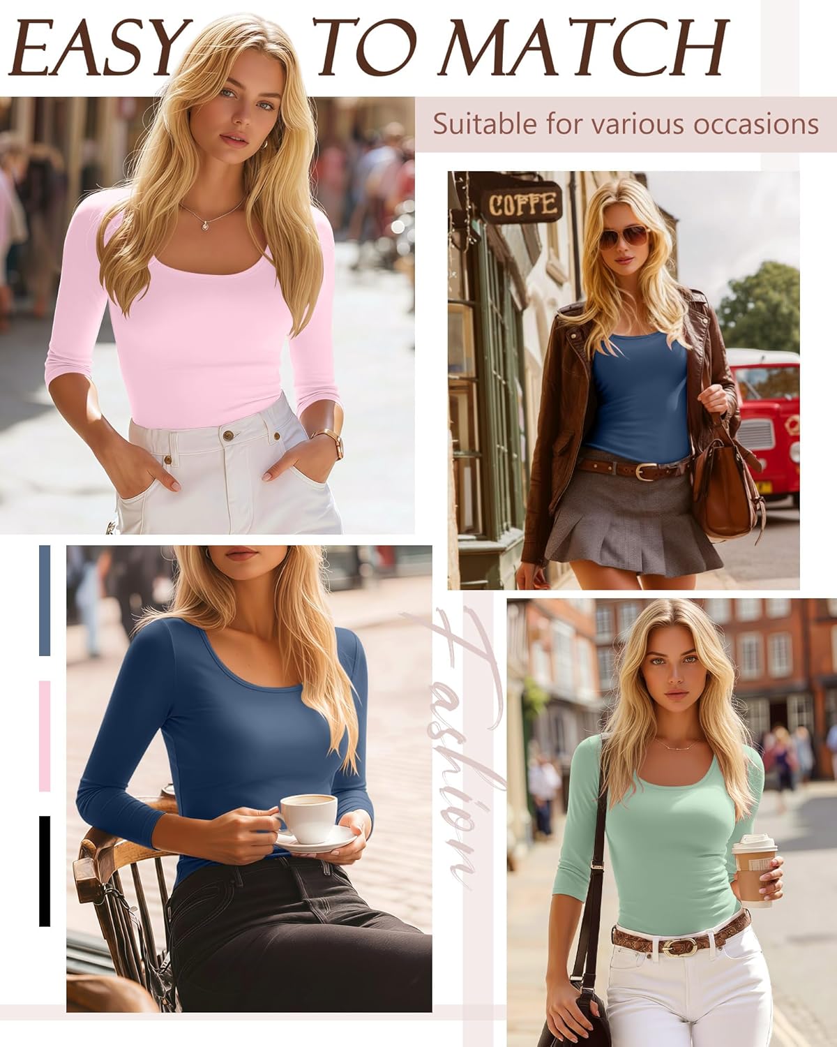 Ficerd 3 Pack Women's 3/4 Sleeve Shirts, Scoop Neck Slim Fit Tops Soft U Neck Knit Fitted Basic Tees Blouses - Image 6