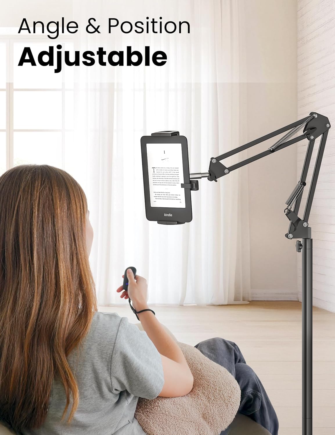 Floor Stand Kindle Holder with Remote Page Turner for Reading in Bed, Adjustable Tablet Mount with Clicker, Kindle Accessories Clicker Tablet Holder for Kindles Tablets iPhones 4.7-12.9 inch(Black)