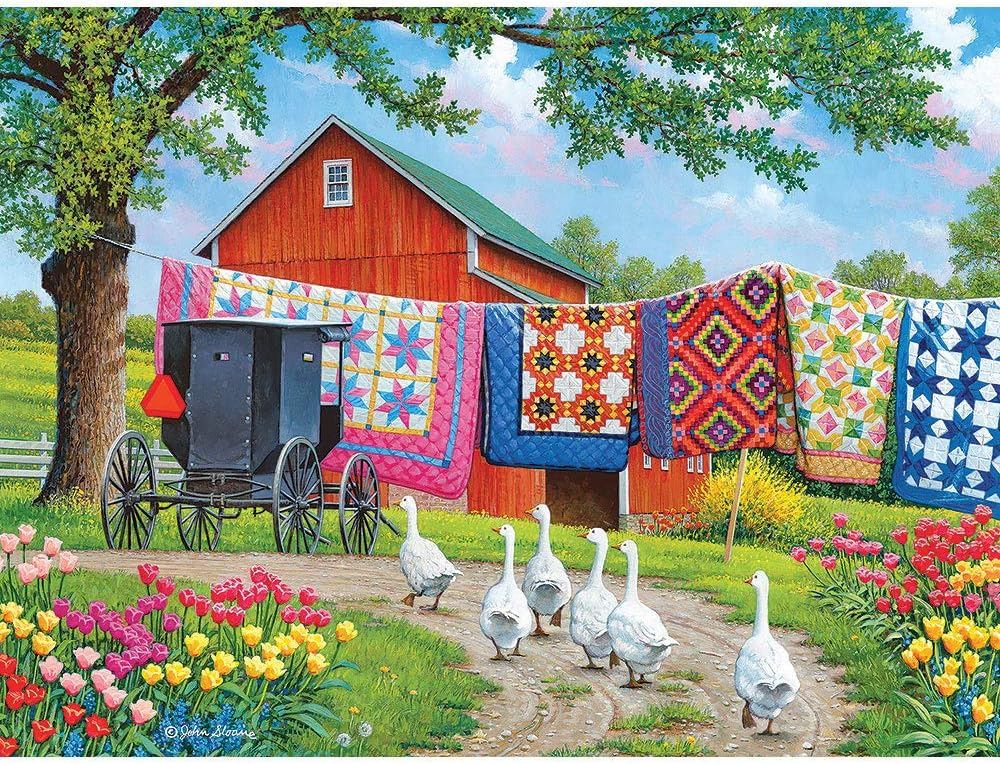 Bits and Pieces - 1000 Piece Jigsaw Puzzle for Adults 20" x 27" - Plain and Fancy - 1000 pc Geese Farm Quilt Laundry Car Country Flower Jigsaw by Artist John Sloane