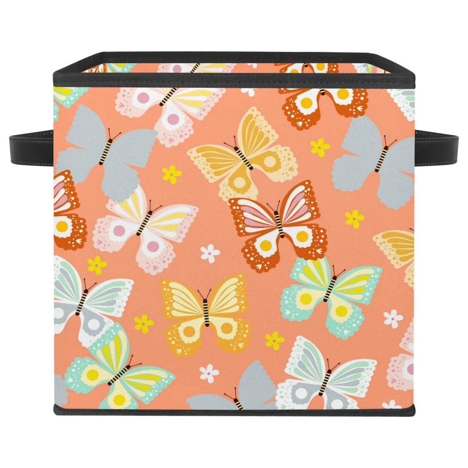 Boîte de rangement en tissu avec poignées solide et pliable papillons