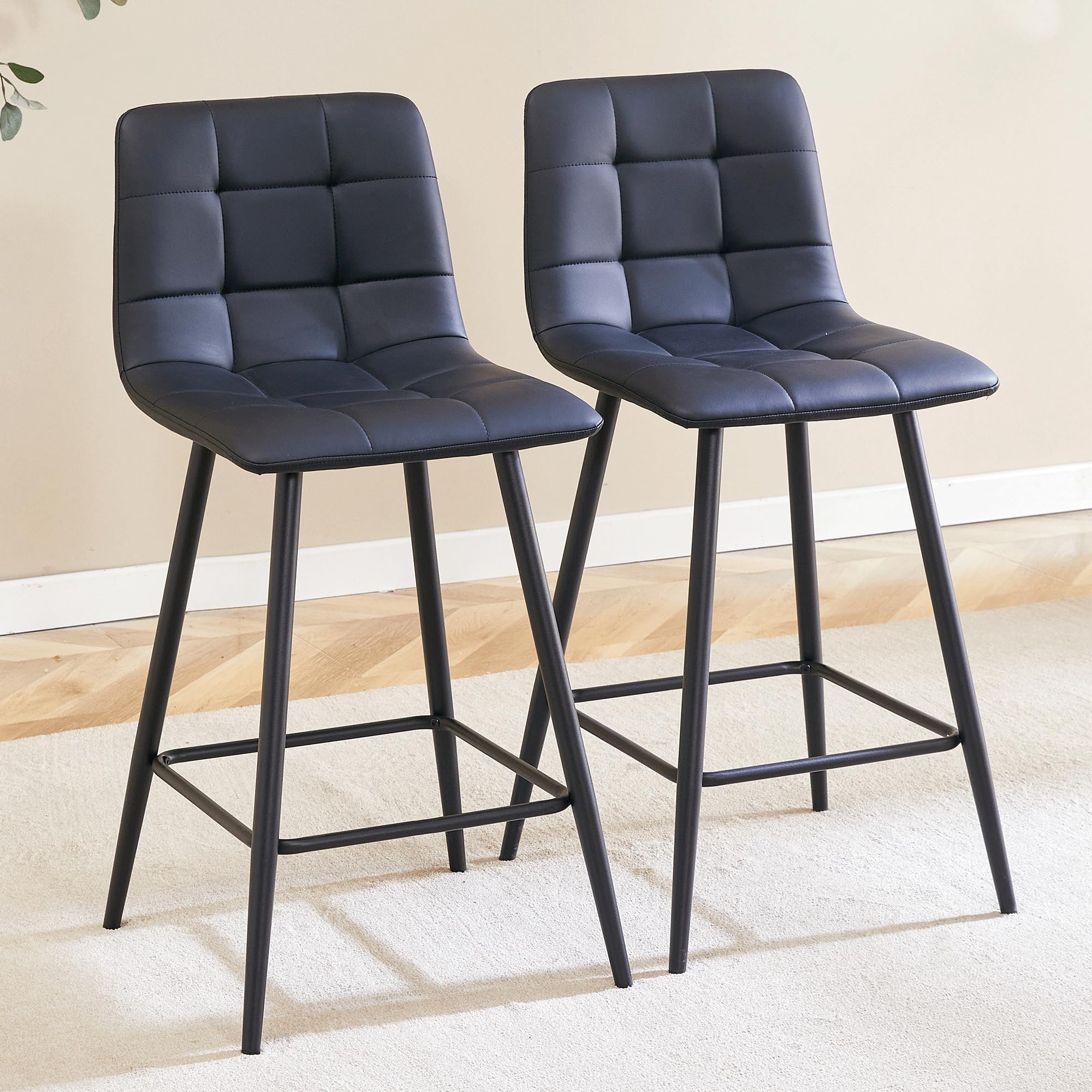 JUFU Bar Stools Set of 2, 24 Inch Counter Height Bar Chairs Modern Kitchen Island Chair, Ergonomic Seats and Black Scratch-Proof Leather for Fits Home