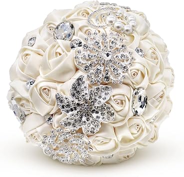 Hand Made Diamond Pearl Satin Roses Bridesmaid Bridal Artificial Bouquets Customization Bride Holding Bouquet Wedding for Photo Shooting, Valentine's Day, Birthday,Creystal Creamy White