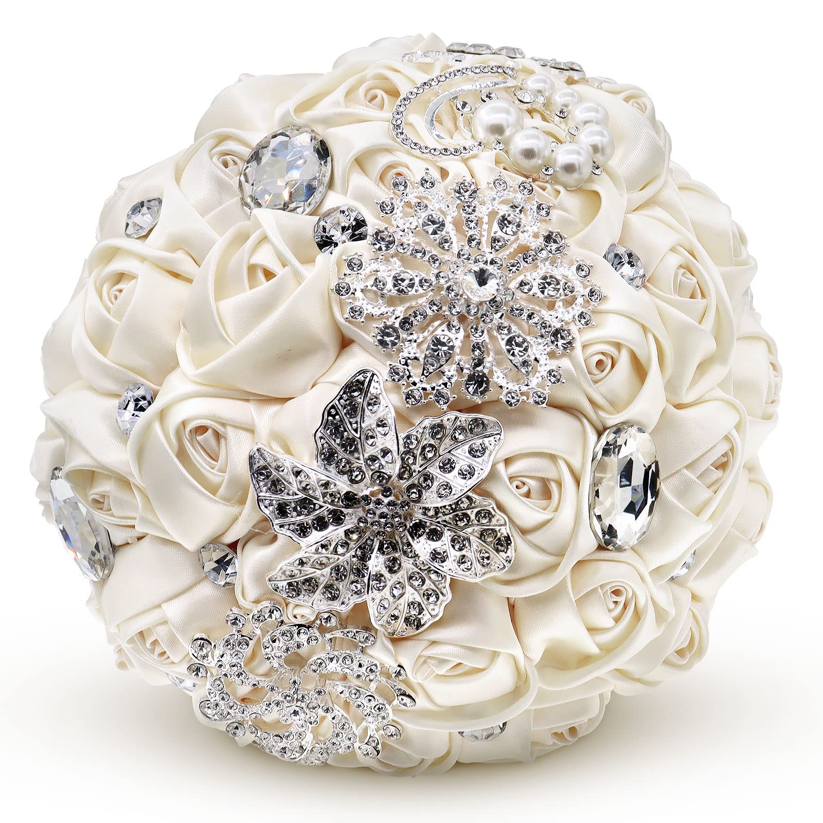 Handgemachte Brosche Brautstrauß Braut Satin Rosen Blumen Strass Perlen Blumensträusse Hochzeit Strauß Künstliche Blumenstrauß künstlicher Rosenstrauß Dekoration (Creystal Creamy White)