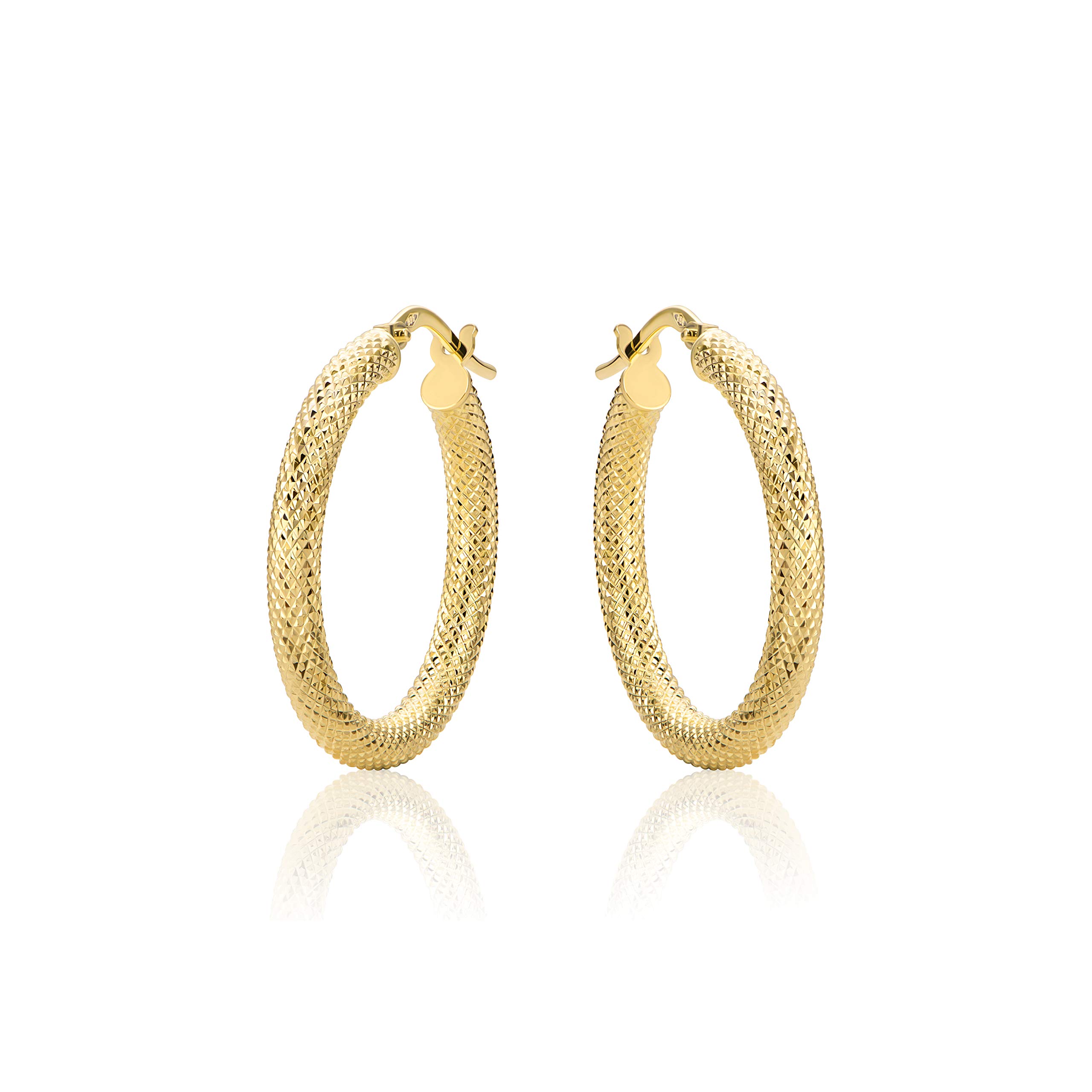 Orecchini A Cerchio Oro Giallo 14kt 585 - Modello HLK-62 Diamantato, Made In Italy, Confezione Regalo