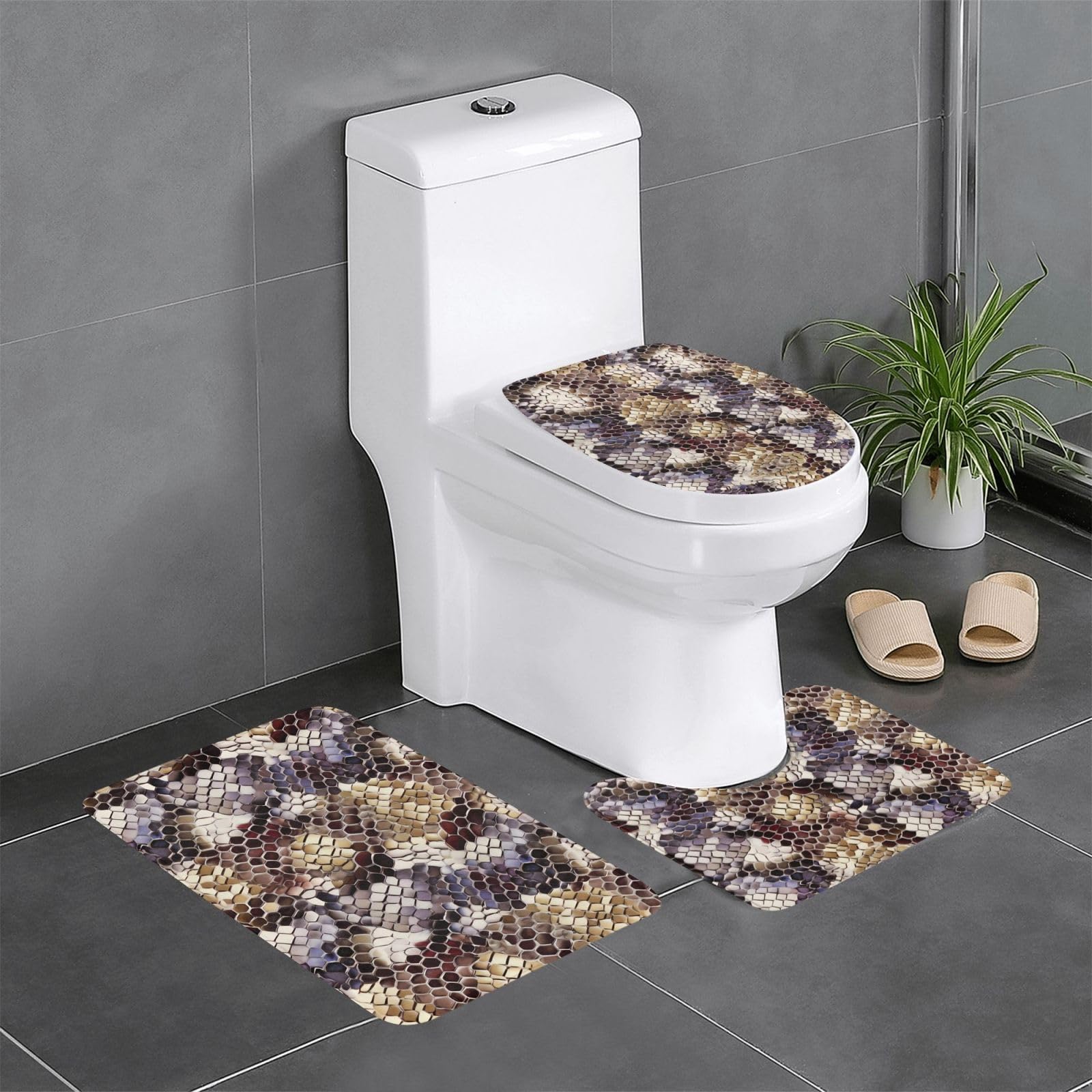 Tapis de salle de bain peau de serpent pour créer une ambiance spa moderne devant le meuble-lavabo