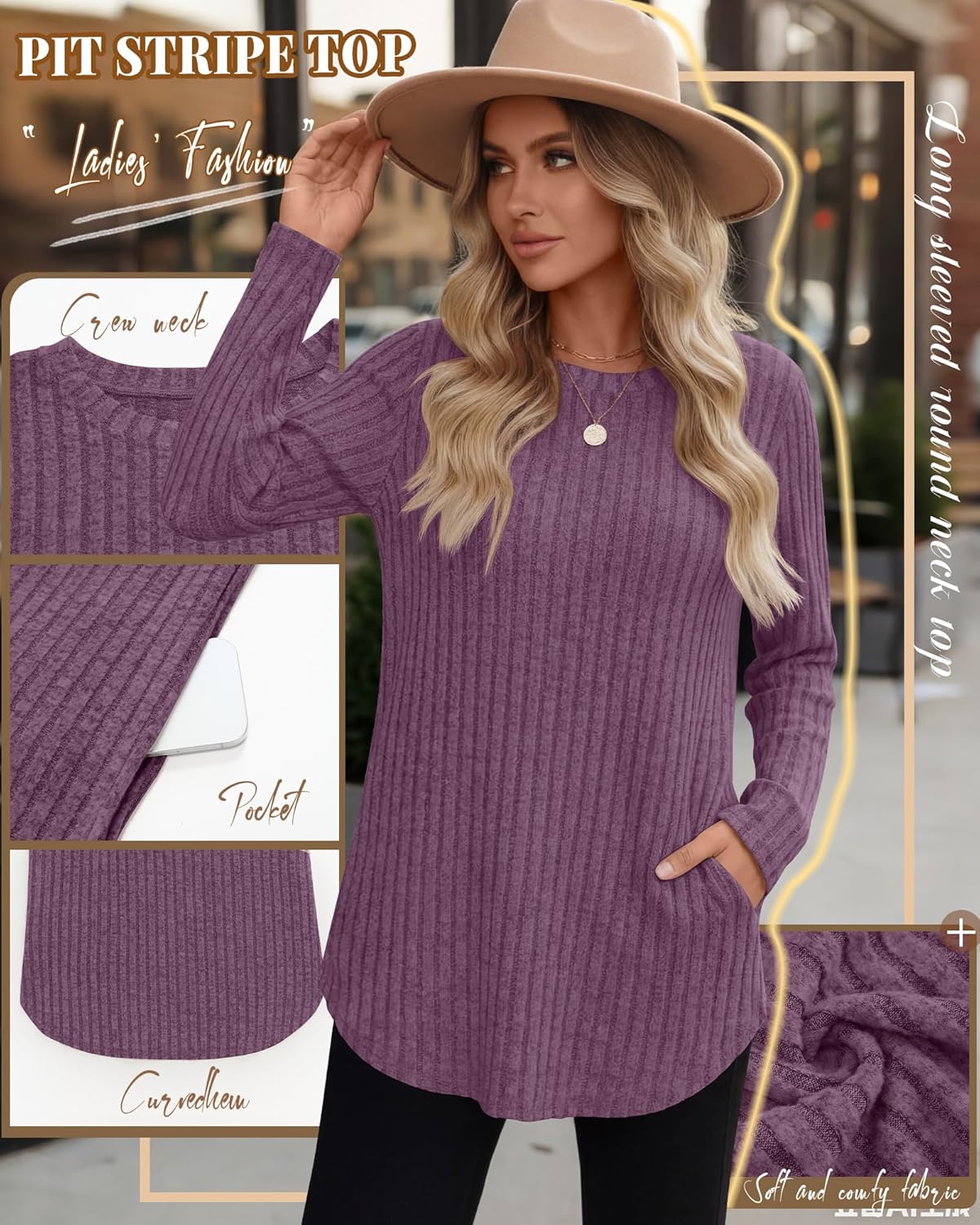 3 Pack Women's Long Sleeve Sweaters Crewneck Ribbed Pullover Loose Fit Tunic Tops Curved Hem Shirts with Pockets - Image 5