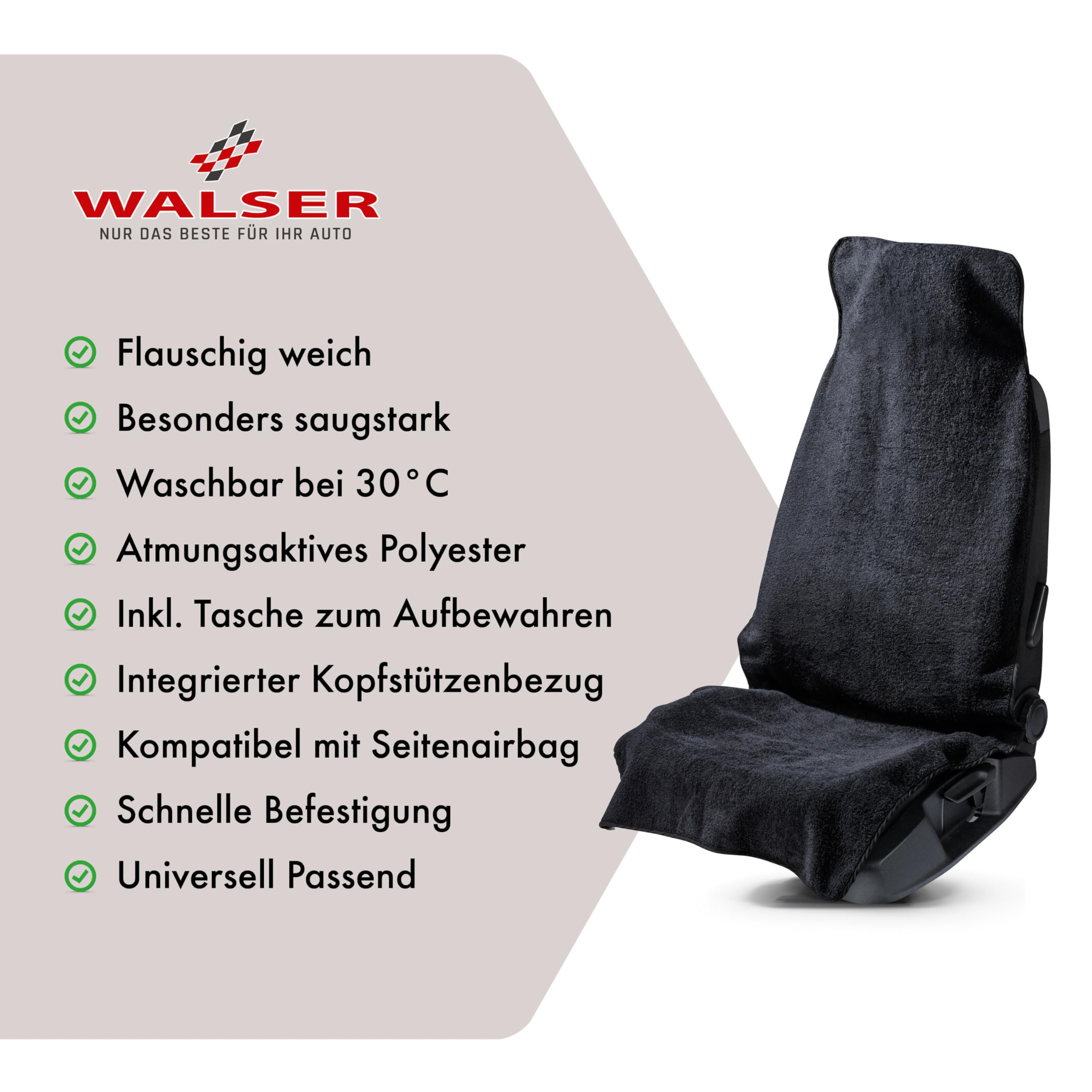Walser Auto Sitzauflage Vordersitz aus Frottee, 2er Set Sitzaufleger, waschbarer Sitzschoner Auto, Universal Auto-Sitzauflage, Autositz-Überwurf, Schonbezug Autositz vorne 2 Stück schwarz