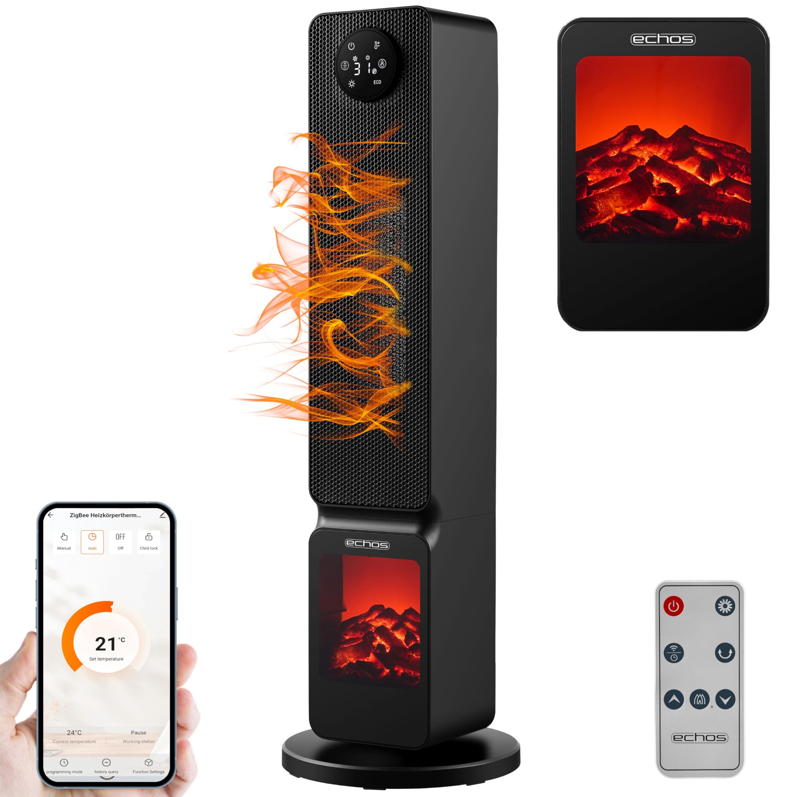 Calefactor con ilusión de chimenea, ahorro de energía, oscilante, protección contra sobrecalentamiento, 2000 W, 2 niveles, controlable mediante smartphone con aplicación Tuya, calefactor silencioso