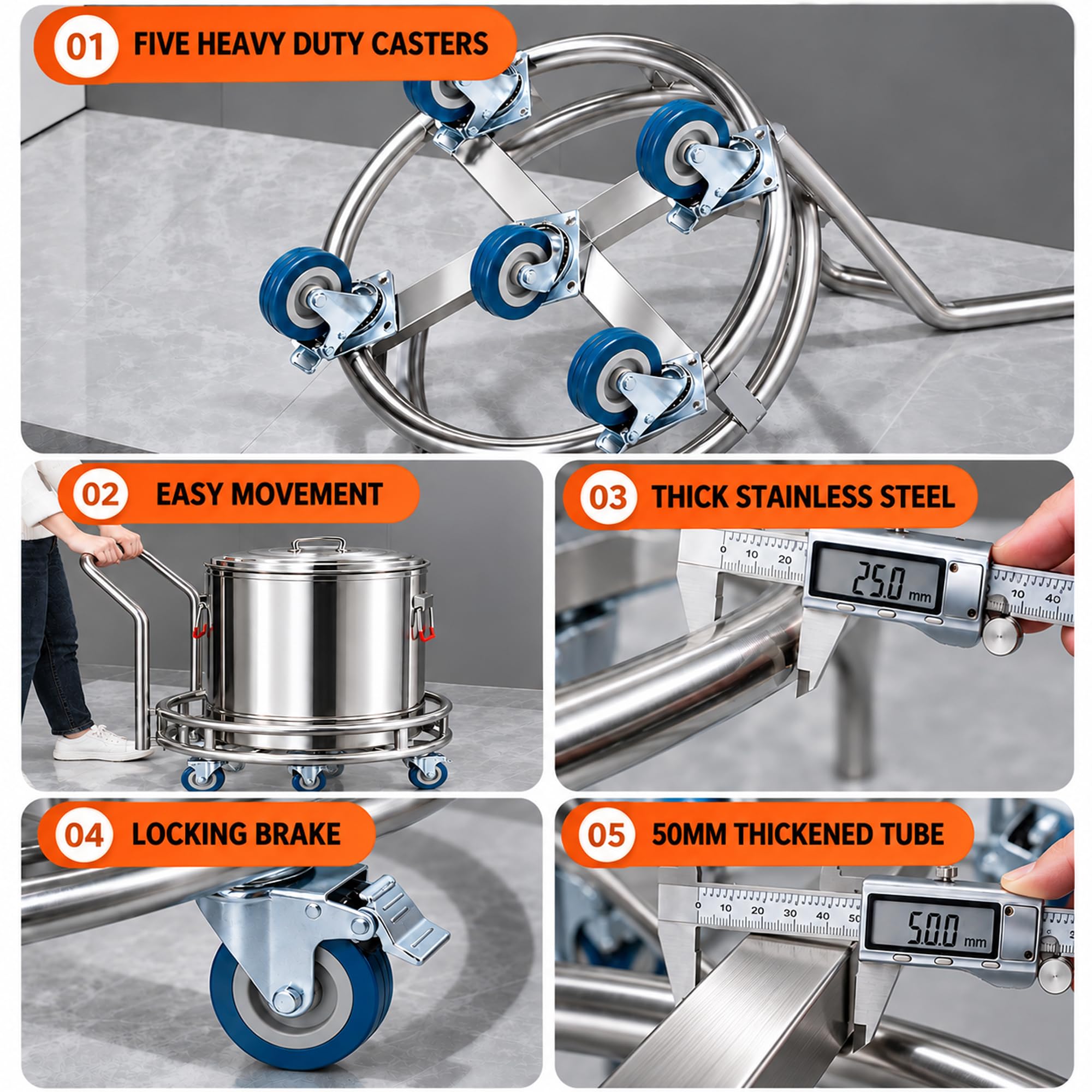 Carrello Porta Pentole Acciaio Inox con Ruote, Base Rotonda Professionale