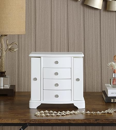 Miniatura 4 de Stufurhome Snow - Joyero de 4 cajones con 2 compartimentos laterales y un compartimento superior con soporte para espejo y anillos, color blanco