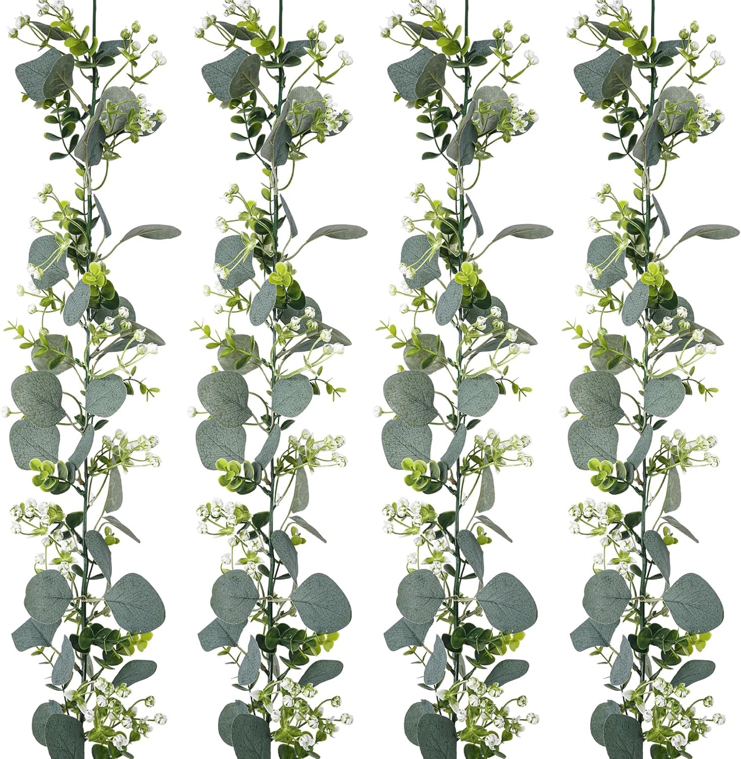 4 Pack Artificial Eucalyptus Garland with White Flowers,5.9FT Greenery Garland Fake Vines Hanging Green Garlands for Table Centerpieces Outdoor Festival Wedding Backdrop Arch Wall Decor