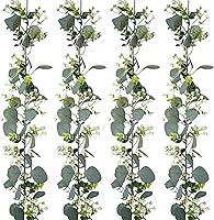 Vista 12 de 2 guirnaldas artificiales de eucalipto de 5.9 pies con flores blancas, enredaderas falsas de dólar de plata sintética para colgar centros de mesa