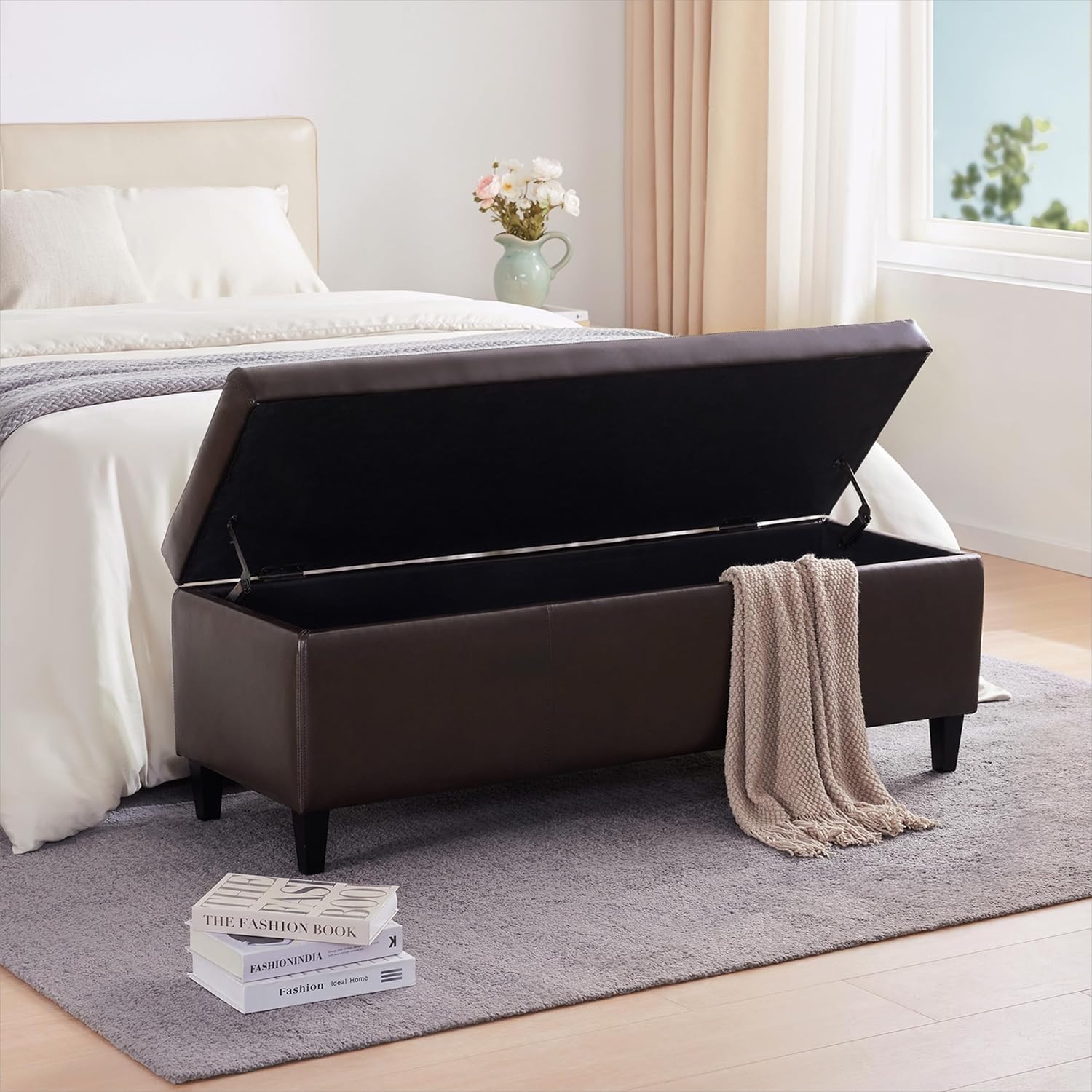 HUIMO Faux Leather Storage Ottoman Bench 50.3 Inch Extra Long PU Upholstered Bedroom Bench with Large Storage Space for The Living Room, Entryway, Bedroom Hold Up to 300lbs (Brown) - Image 3