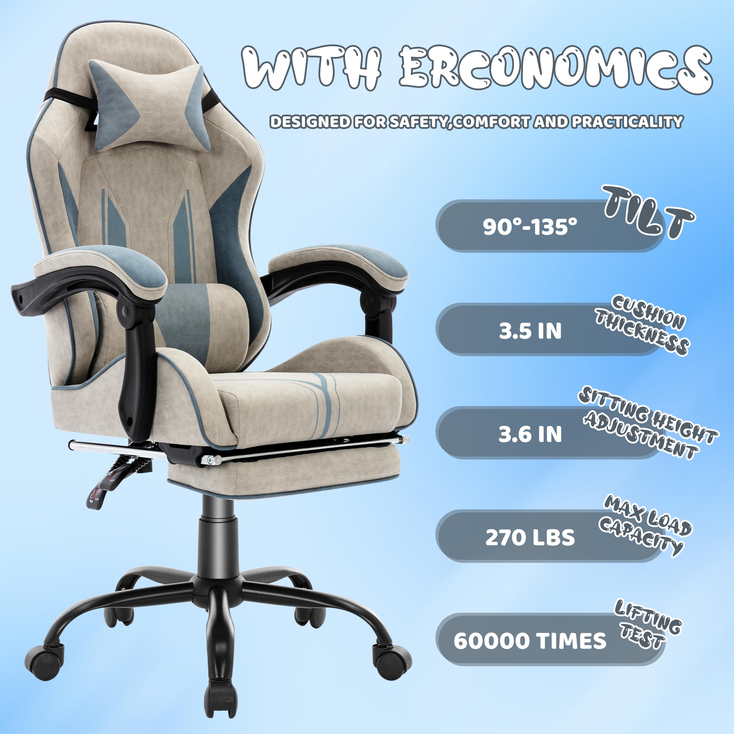 Silla ergonómica para juegos con reposapiés y soporte lumbar, silla de computadora ajustable estilo carreras para adultos, adolescentes, niños, silla de escritorio de oficina con base