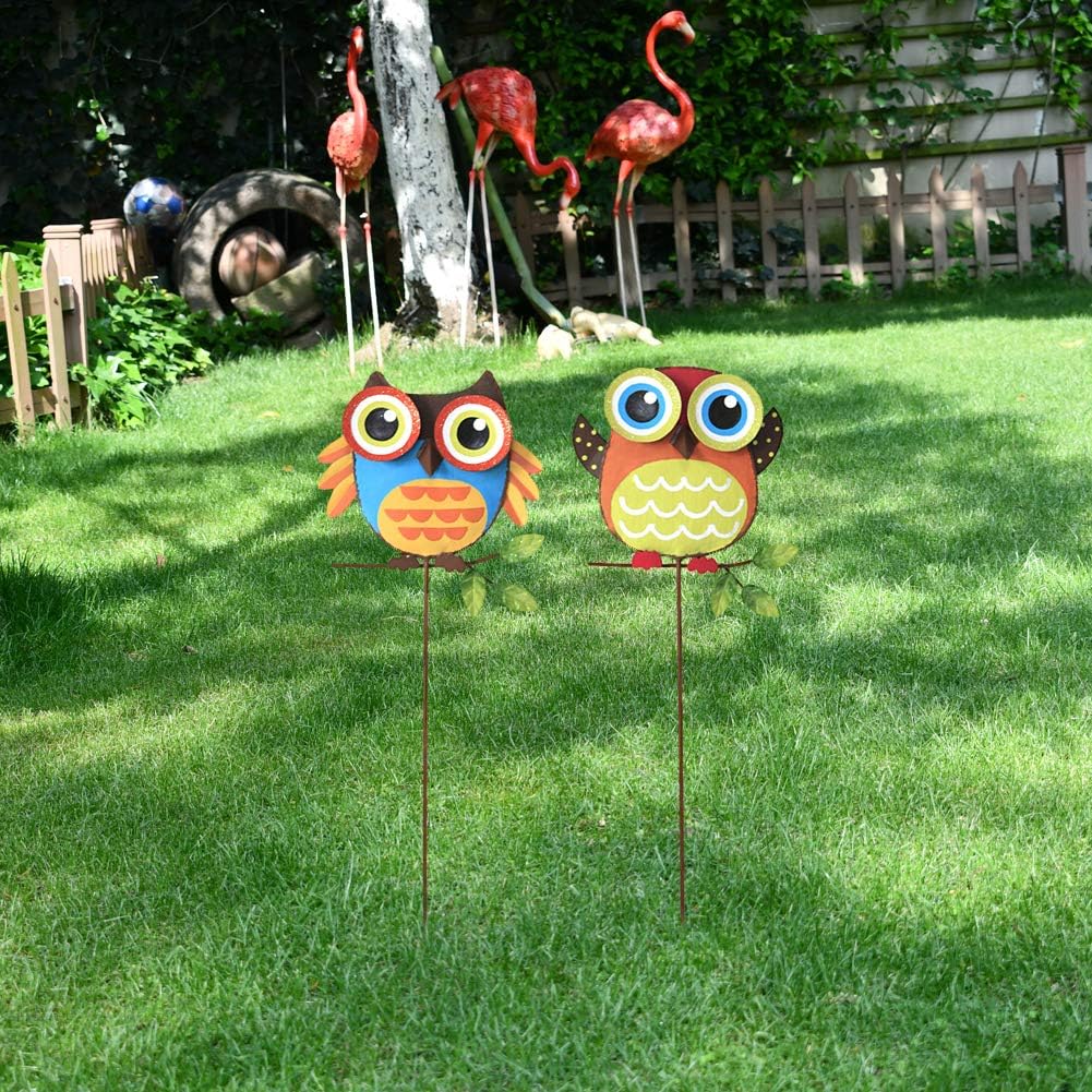 Metal Owl Garden Stakes Set of 2, 16" Indoor Outdoor Decorative Ornaments Spring Fall Decor Art Patio Yard Lawn Decorations