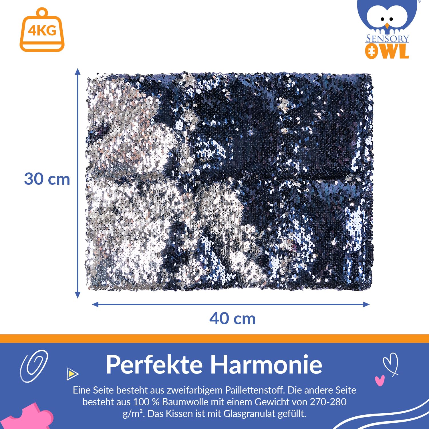 Gewichtskissen Gewichtetes Schoßkissen Beschwertes Kissen Kinder Erwachsene Sensorisch Stressabbau Autismus ADHD Hilfsmittel Pailletten Glasgranulat 30 x 40 cm 4 kg Marineblau Silber