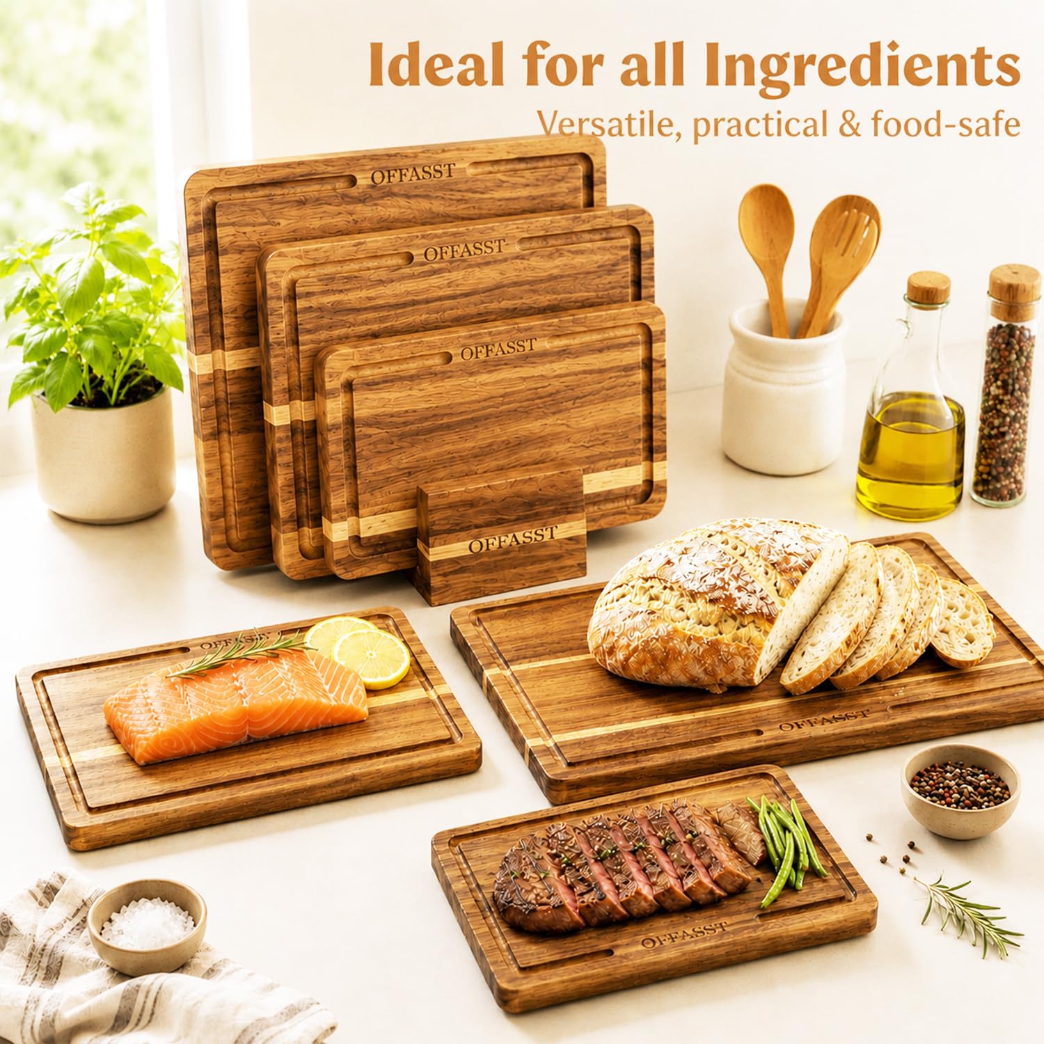 Akazienholz Schneidebrett Set 3-teilig(40x30, 33x24, 27x18cm) – Holzbrett Küche mit Brettständer, Schneidbretter aus Holz für Fleisch & Gemüse, Cutting Board