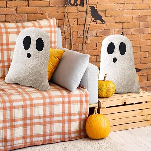 Miniatura 6 de Kigley 2 almohadas con forma de fantasma de Halloween para sofá, cama, sofá, decoración de fantasma, relleno para fiesta de Halloween, decoración