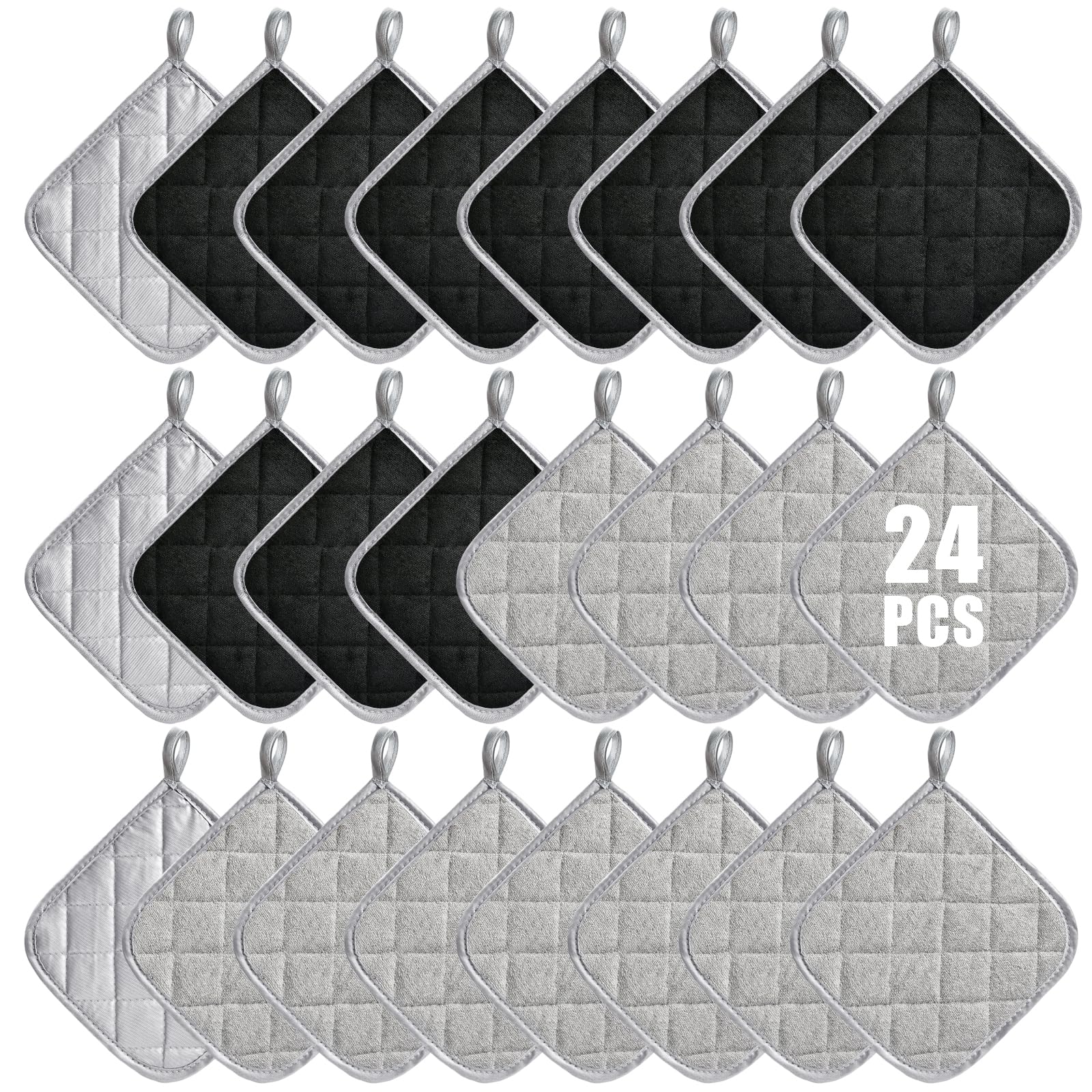 24 Pcs Pot Holders Bulk for Kitchen Heat Resistant, 7X 7Inch Cotton Potholders with Hanging Loops Square Hot Pads Oven Pot Holder Trivet for Cooking Baking (Grey & Black)Compact by Design (Amazon-developed Certification)