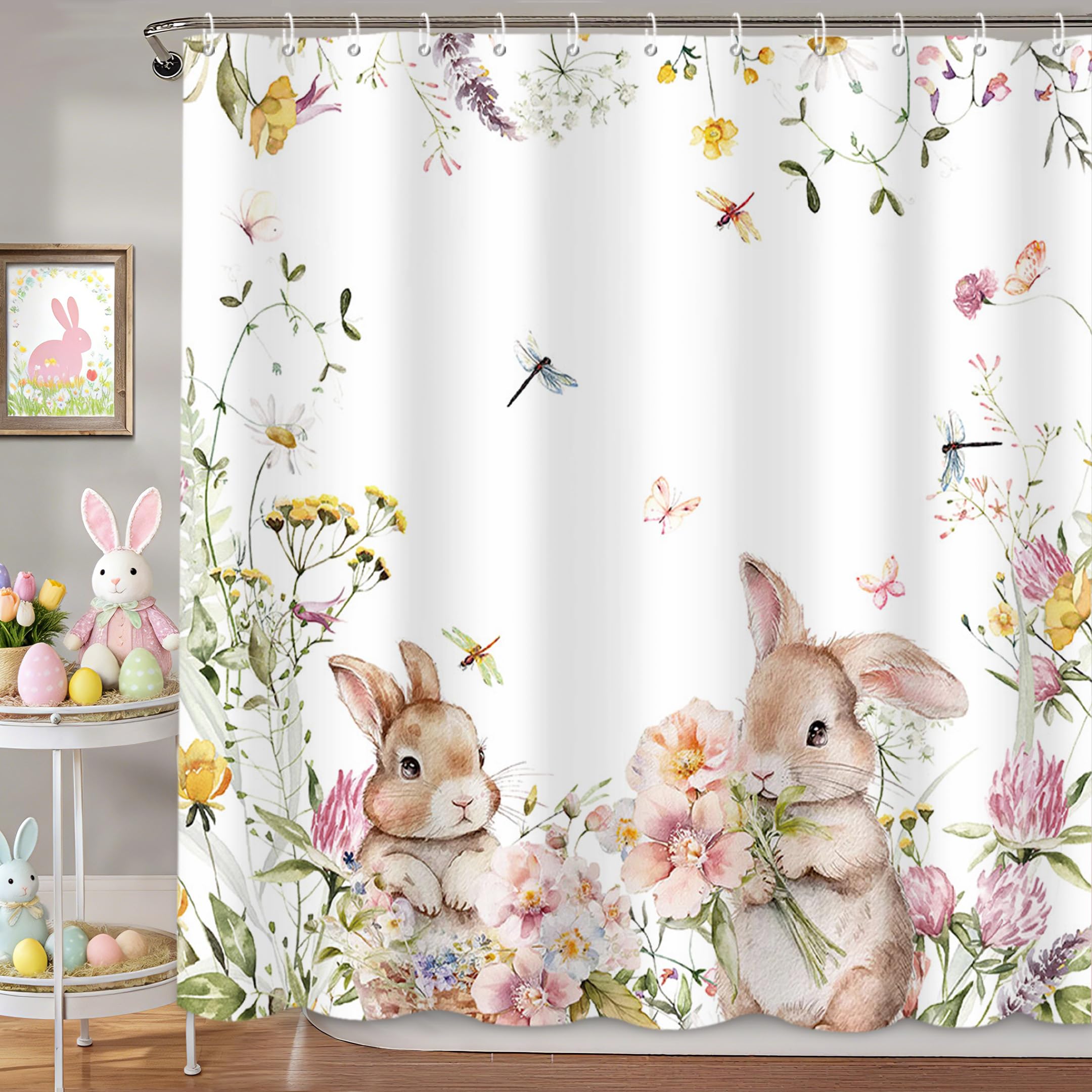Rideau de douche lapin de Pâques MEHOFOND avec crochets fleur aquarelle pour salle de bain