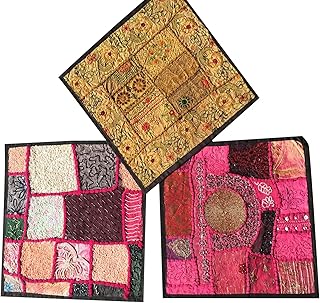 Mogul Interior 3 Pcs Ethnic Cushion Cover Patchwork Embroidered Cotton Square