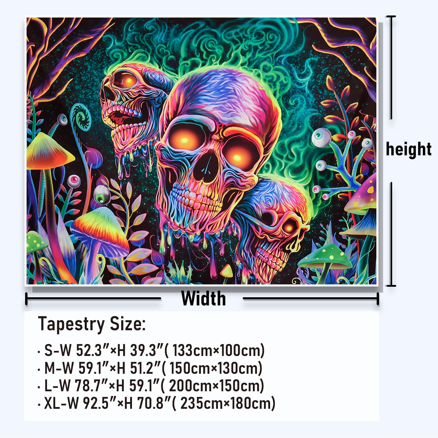 WASUMI Tapisserie Murale Colorée Avec Tête De Mort Qui Brille Dans Le Noir, Réactive Aux UV, Pour Chambre à Coucher, Décoration De Chambre Esthétique (200 X 150 Cm