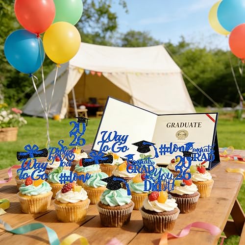 Miniatura 4 de Decoraciones de graduación 2025 azul, adornos para cupcakes de graduación 2025 azul y negro, suministros de decoración para cupcakes clase de 2025,