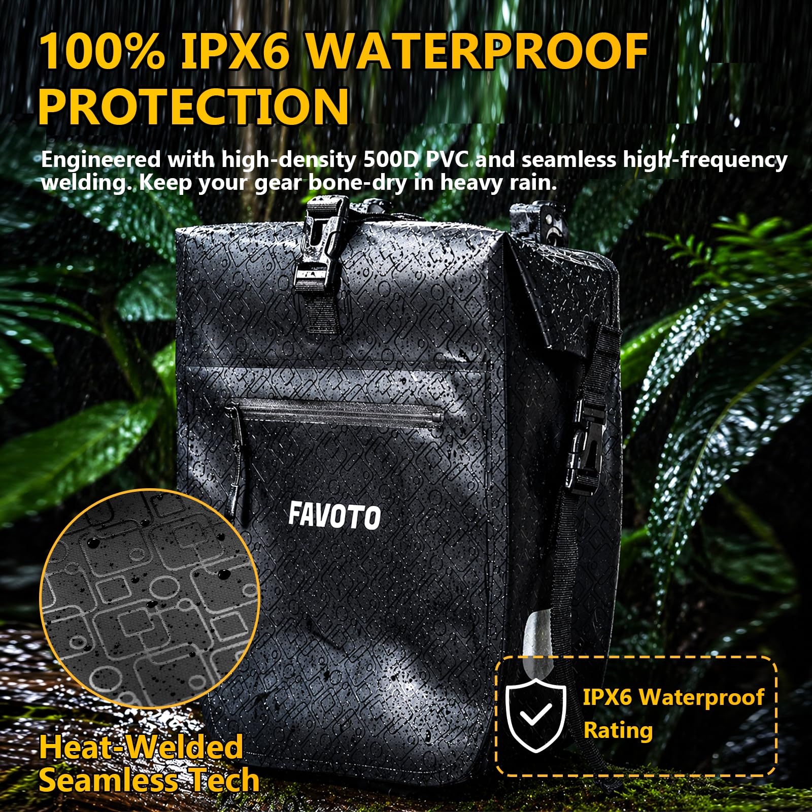 Favoto Borsa per Portapacchi Posteriore Bicicletta, Impermeabile Capacità 48L (2×24L), Design Riflettente, Sgancio Rapido, con Borsa Interna, Adatta per Bici Elettriche, Mountain Bike