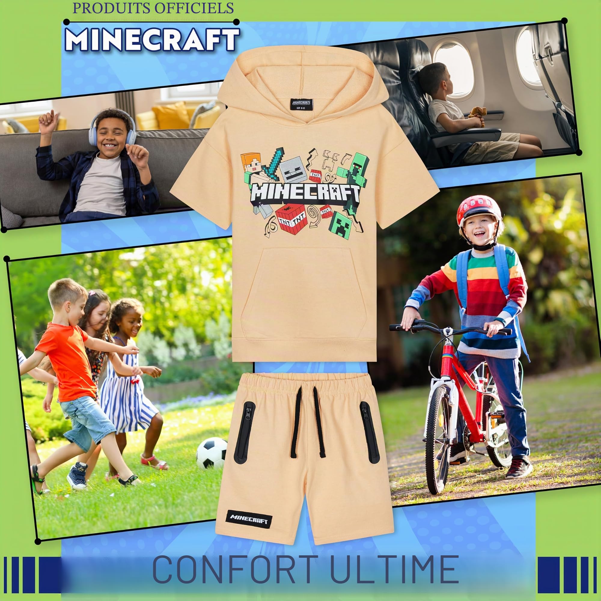 Minecraft Ensemble de survêtement à capuche et short pour garçon 2 pièces Creeper Adolescents Gamer Été Manches courtes Sweat à capuche Poches zippées Sports Casual Activewear