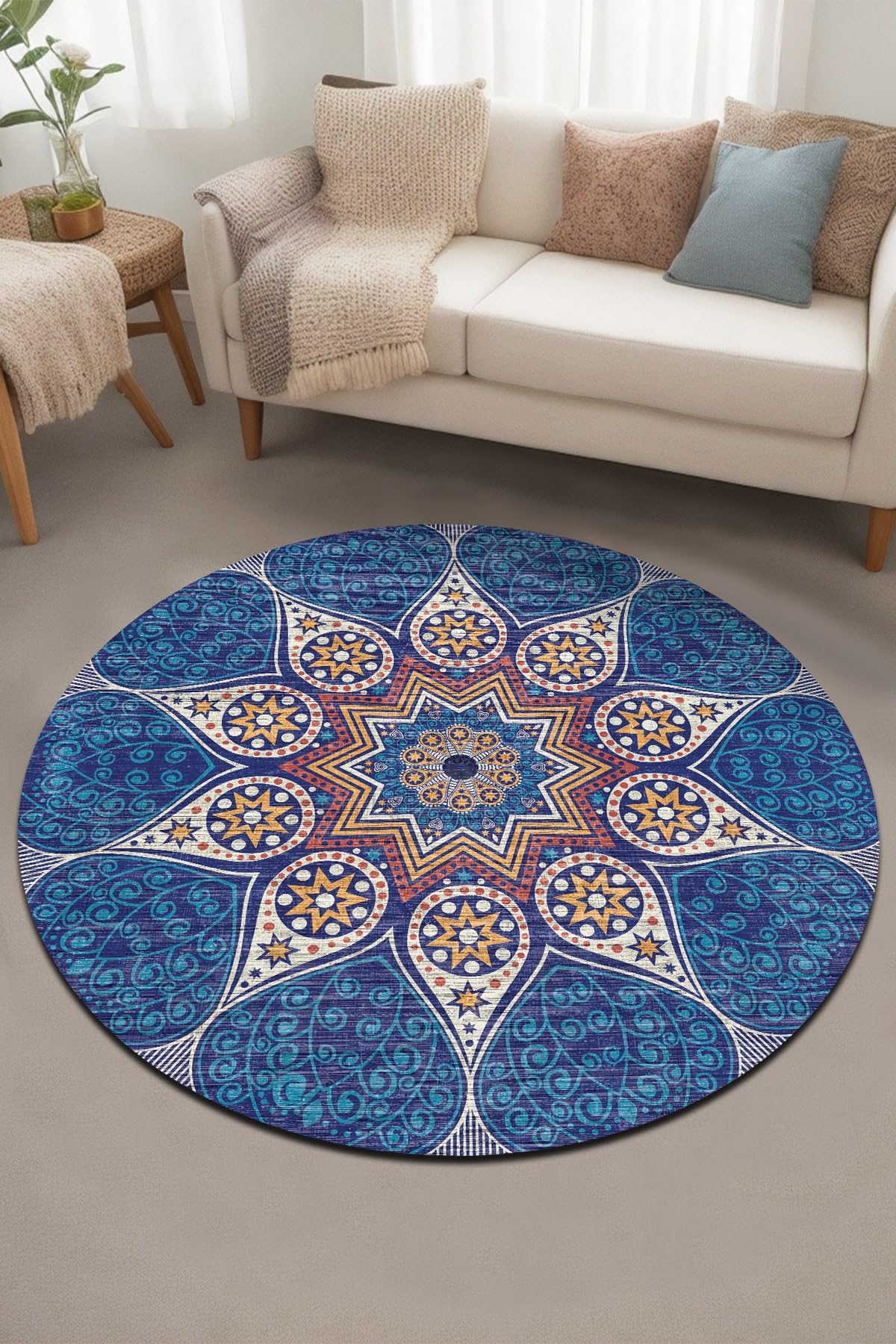 Naybe Vintage Desenli Şönil Pamuk Tabanlı Yıkanabilir Kaymaz Antibakteriyel Yuvarlak Salon Halısı 160x160