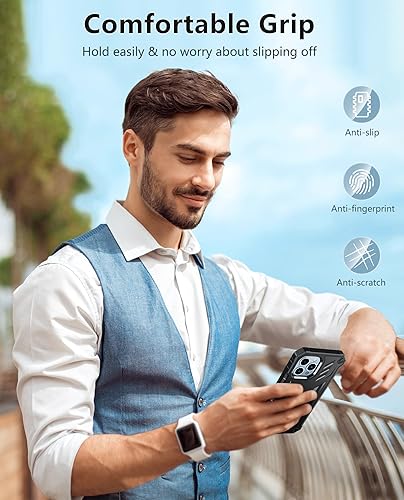 Miniatura 7 de FNTCASE Funda para iPhone 12-Pro-Max con protector de pantalla integrado, soporte y funda con clip para cinturón, funda protectora militar