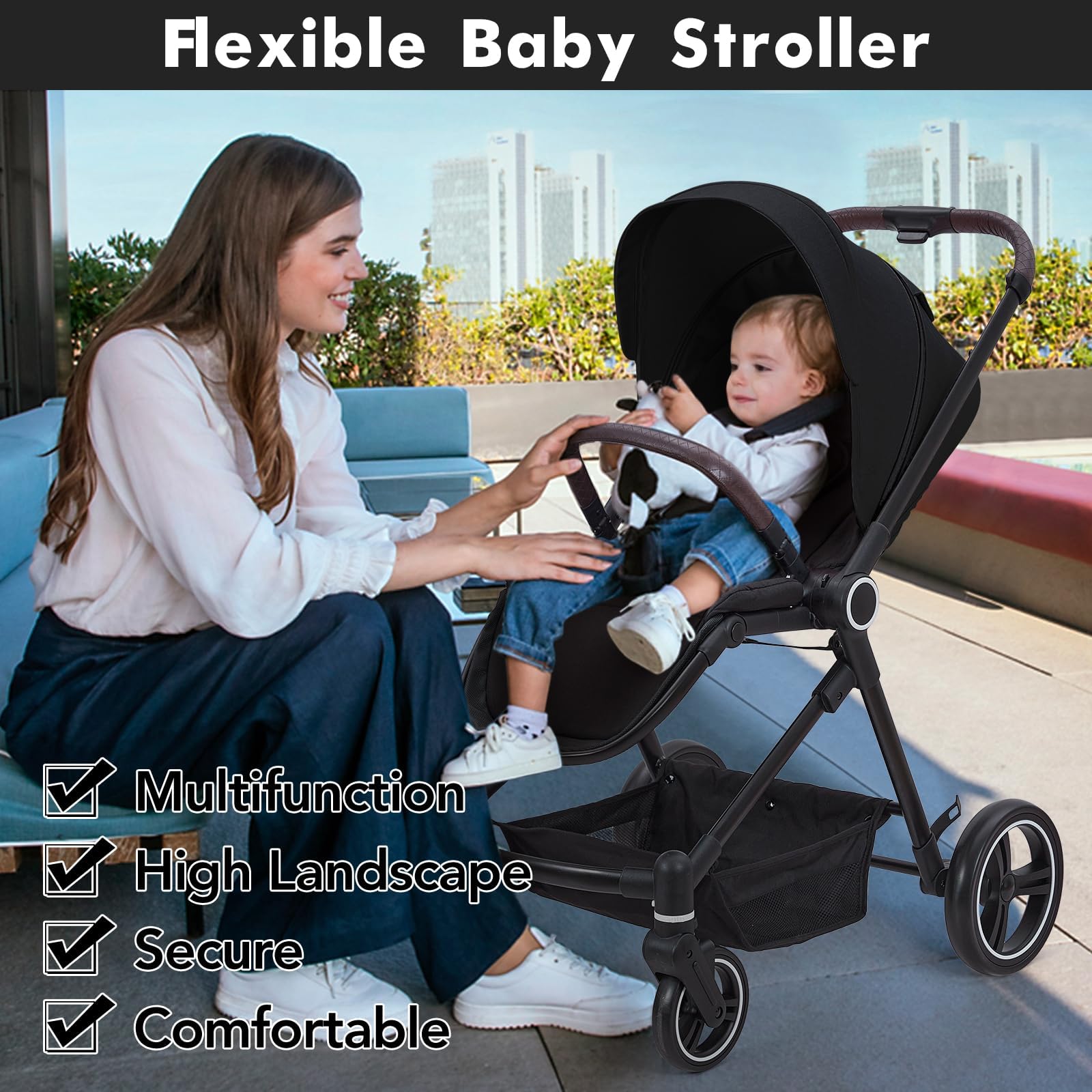 Poussette Bébé Multifonction Pliante, Capote Solaire XXL, Grand Panier, Dossier Inclinable, Roues Tout-Terrain, Pour Enfant Jusqu'à 22 kg, Idéale Voyage & Quotidien (Noir)