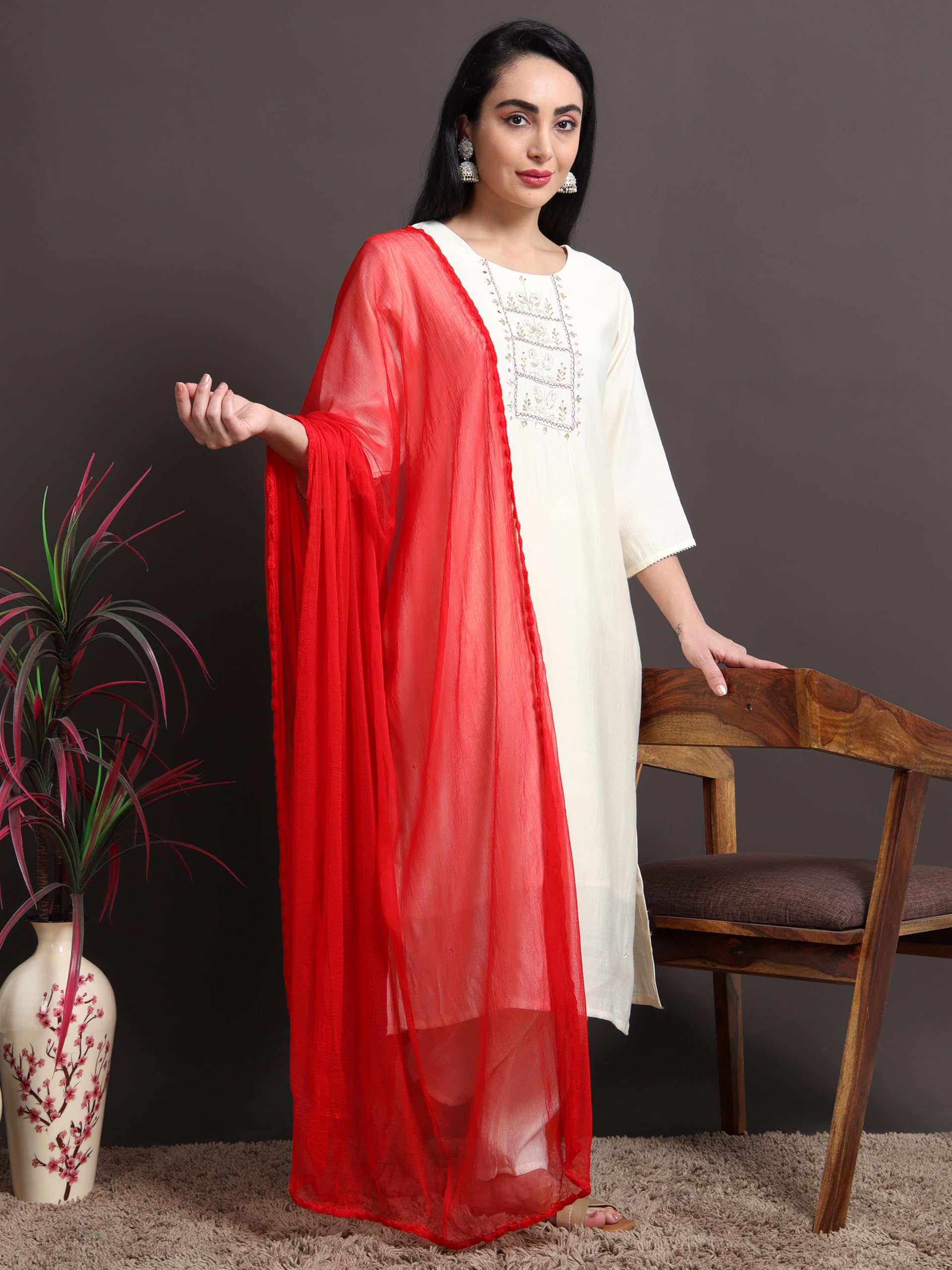 Miraan Solid Pure Chiffon Dupatta with Woven Border, 2.25 meters length (CHIFFDUPRED01_Red) - Image 2 thumbnail