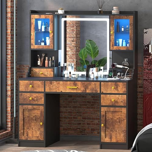 Miniatura 10 de Escritorio de maquillaje blanco con espejo y luces, juego de mesa grande con estación de carga, tocador con gabinetes RGB, espejo de tocador de