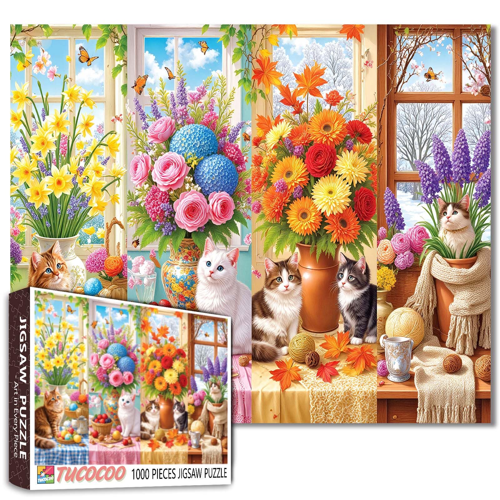 Four Seasons of Cats 1000 Piece Jigsaw Puzzle for Adults Colorful Floral Puzzles Challenging Animal Cute Kitten Puzzle as Home Wall Art 20 x 27 Inches โ image 1