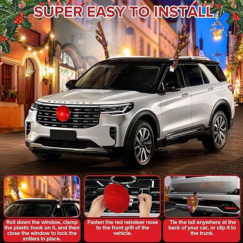 Miniatura 4 de Encantadora decoración de coche de Navidad, kit festivo de renos, decoración de reno LED, bonito regalo para familias y amigos, adecuado para Jeeps,