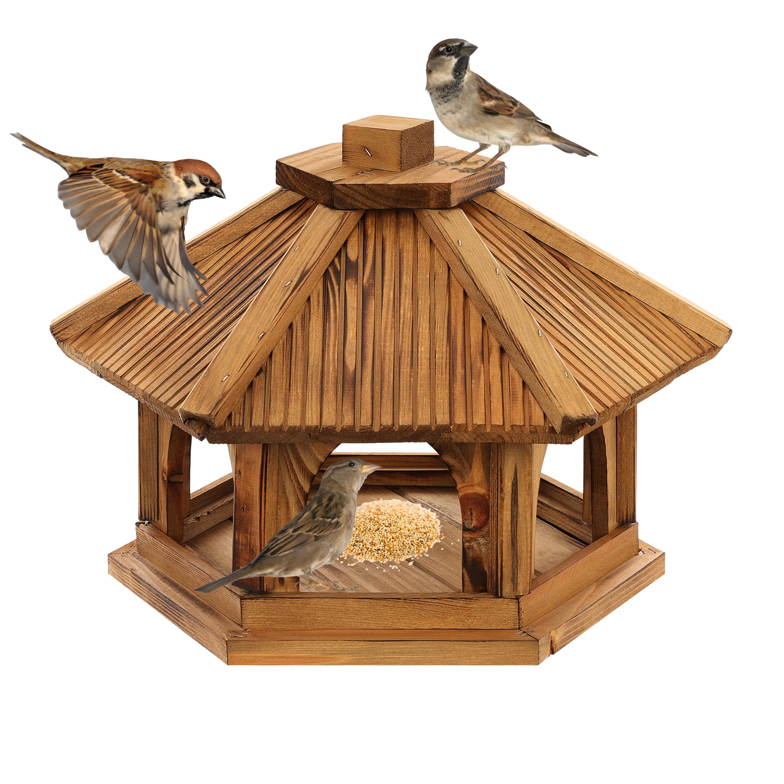 Sechseckiges Vogelhaus aus Holz, Futterstation für Wildvögel, Garten Vogelfutterhaus zum Stellen, Traditionelles Design