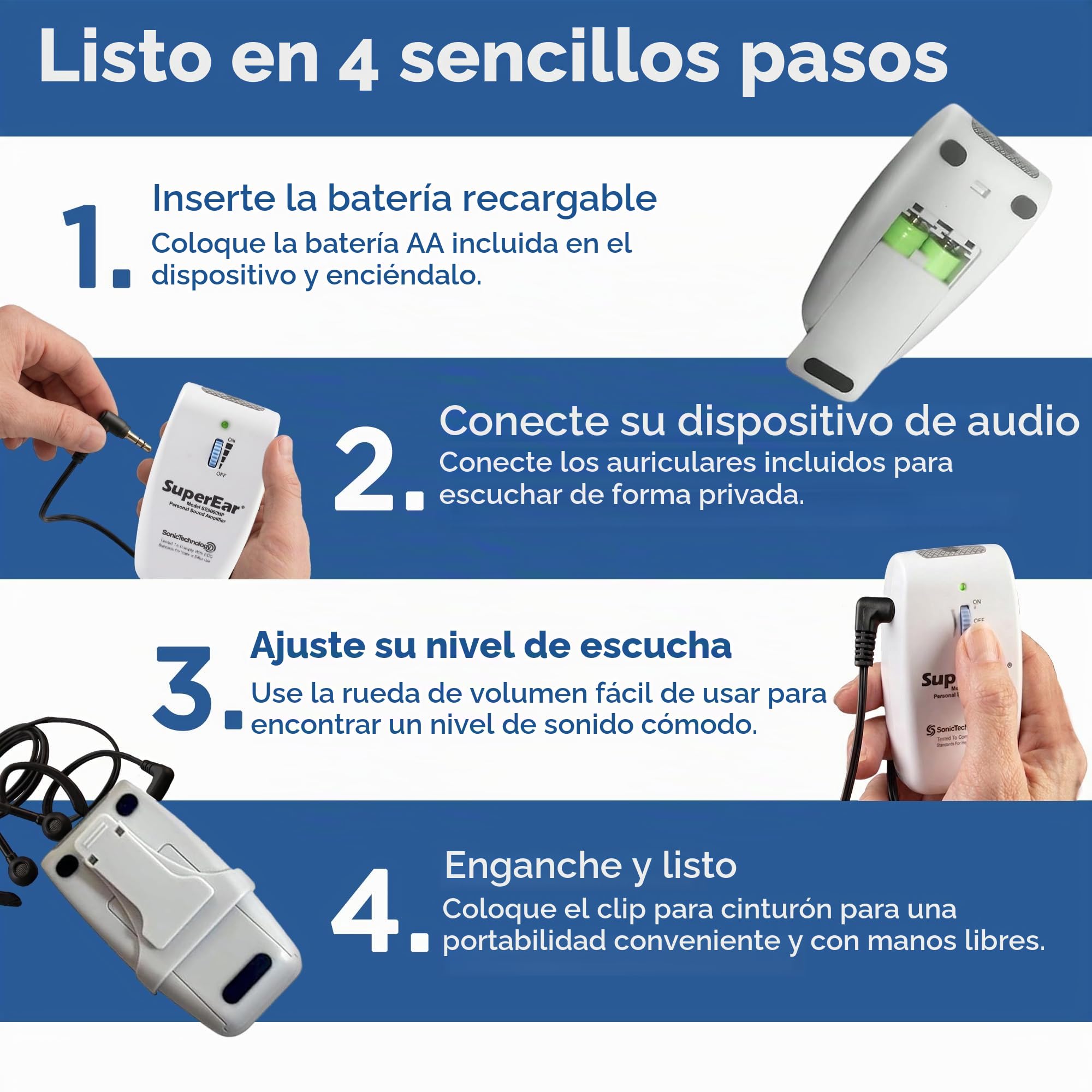 SuperEar Amplificador de sonido recargable sistema completo con auriculares y auriculares aumenta el sonido 50 dB, la selección de frecuencia de 3 tonos facilita la evaluación