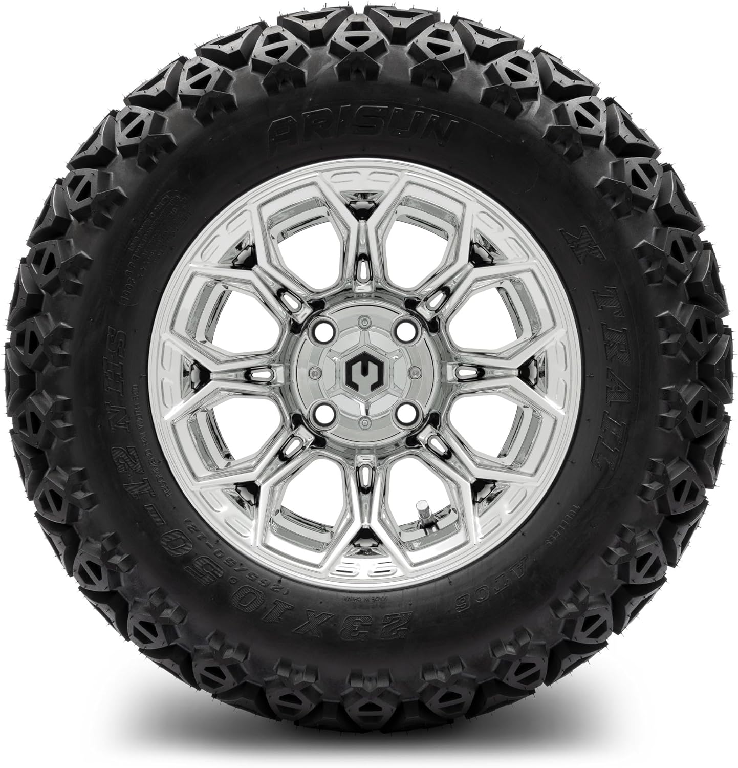 MODZ® Halo Chrome 12" Golf Cart Wheels and Arisun X-Trail (23x10-12) DOT All-Terrain Golf Cart Tires Combo - Set of 4