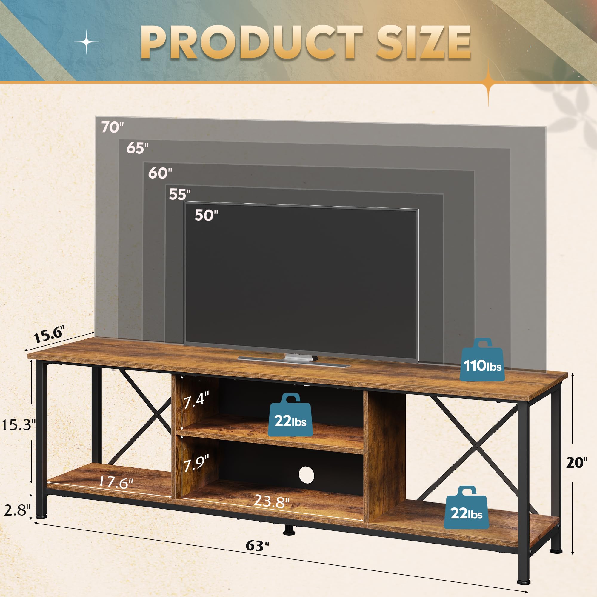Condition photo showing Good Condition for Industrial TV Stand for Up to 70 inch TV, Heavy-Duty Metal Frame Entertainment Center with Adjustable Shelves & Cable Management, Large Media Console for Living Room, Rustic Brown
