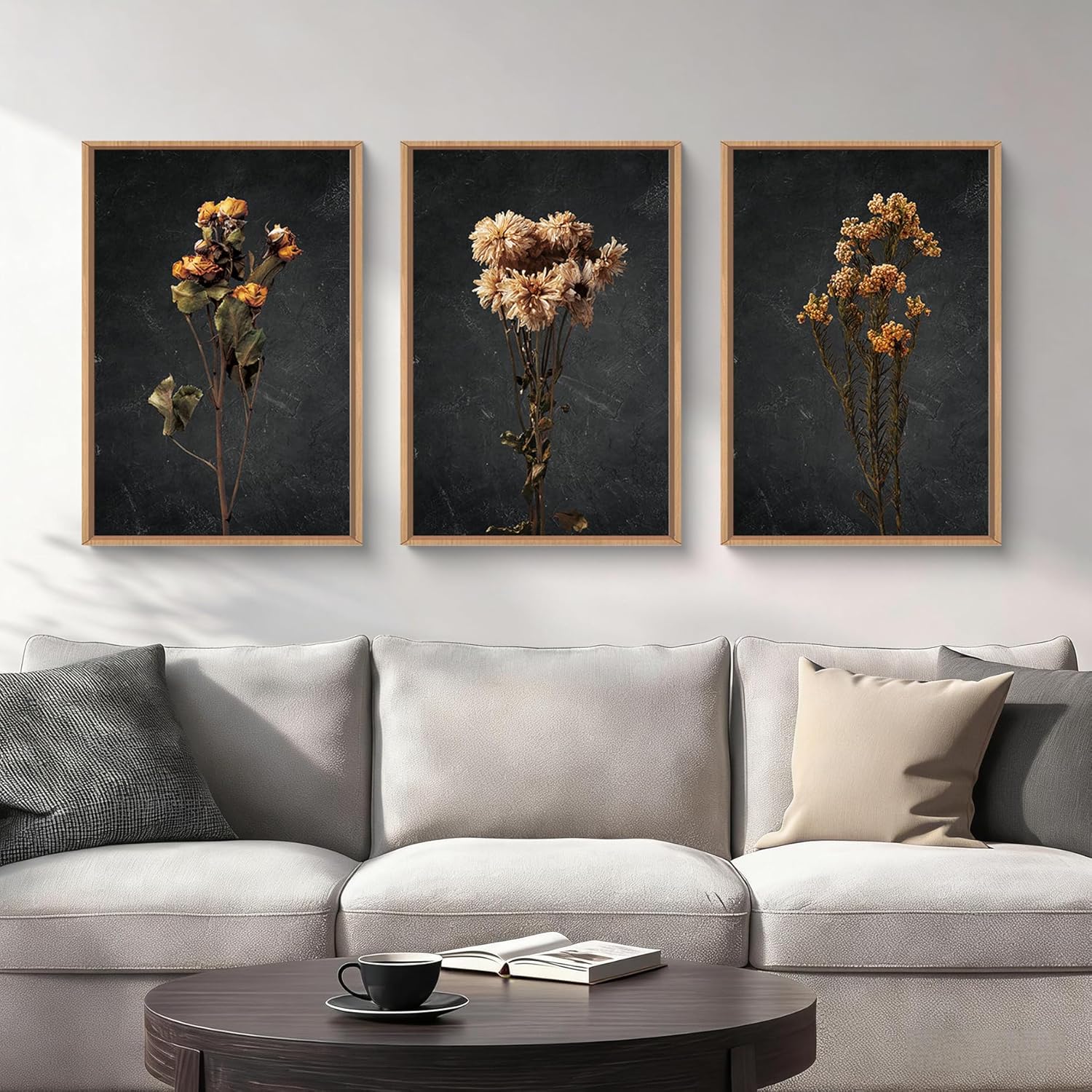HOURIA Dark Moody Dried Floral Framed Canvas Wall Art Set,Vintage Mid Century Black Flower Wall Decor,Retro Boho Minimalist Wildflower Botanical Artwork for Living Room,Bedroom,Farmhouse- 24"x36"x3 Dark Moody Dried Flower Wall Art 24"L x 36"W