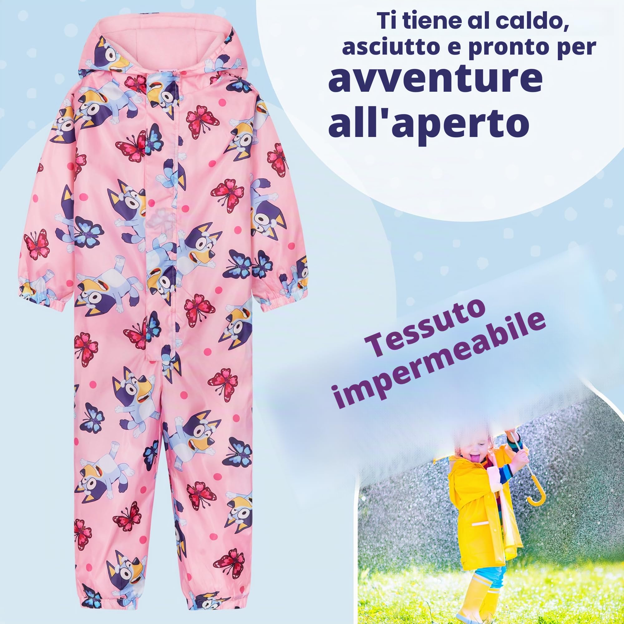 BlueY Tuta Pioggia Bambina, Tutto in Uno Tuta Impermeabile Bambini con Cappuccio Tuta Foderato in Pile per Giochi Viaggi