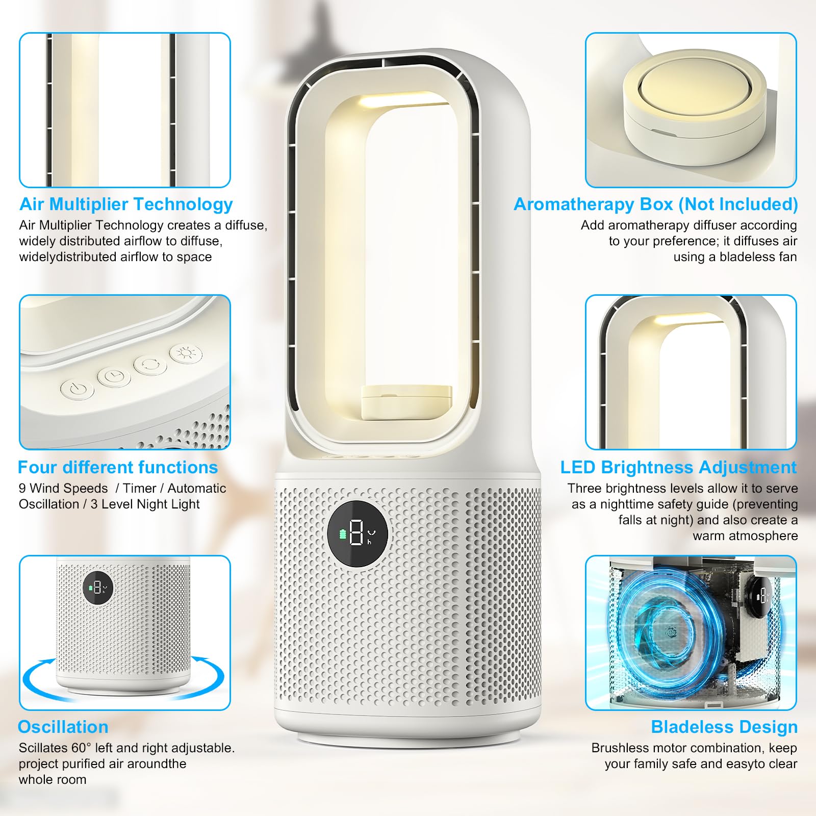 13''Ventilateur Sans Pales, 9Vitesses de Ventilation, Rotation à 60°, Veilleuse LED Tricolore à Intensité Variable&Minuterie,Fonctionnement Ultra-Silencieux, pour Chambres et aux Bureaux à Domicile
