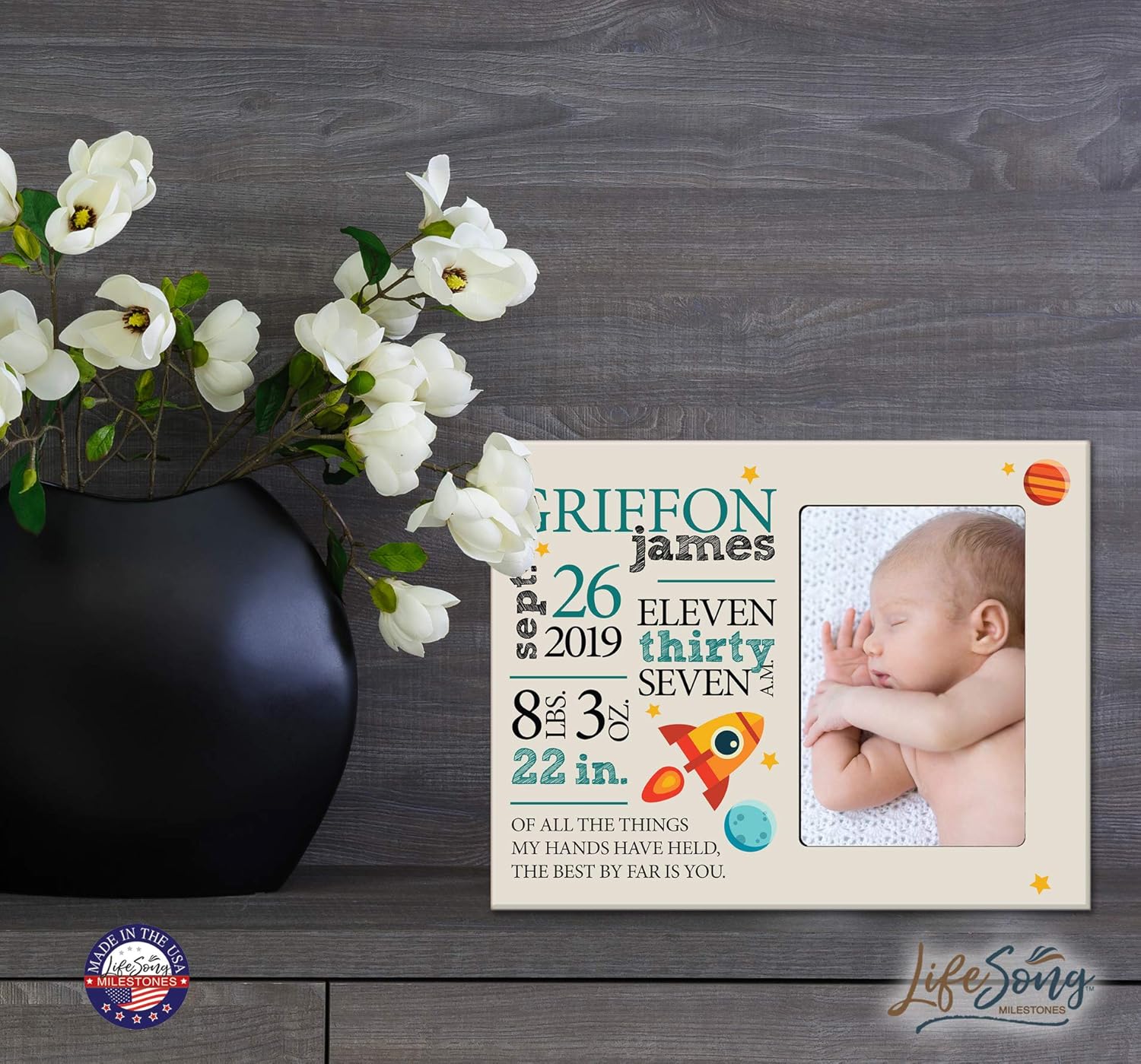 LifeSong Milestones Personalized Baby Birth Arrival Announcement - Newborn Stats Space Nursery Picture Frame Decor for Boys and Girls 8” x 10” Frame Holds 4” x 6” Photo (Ivory)